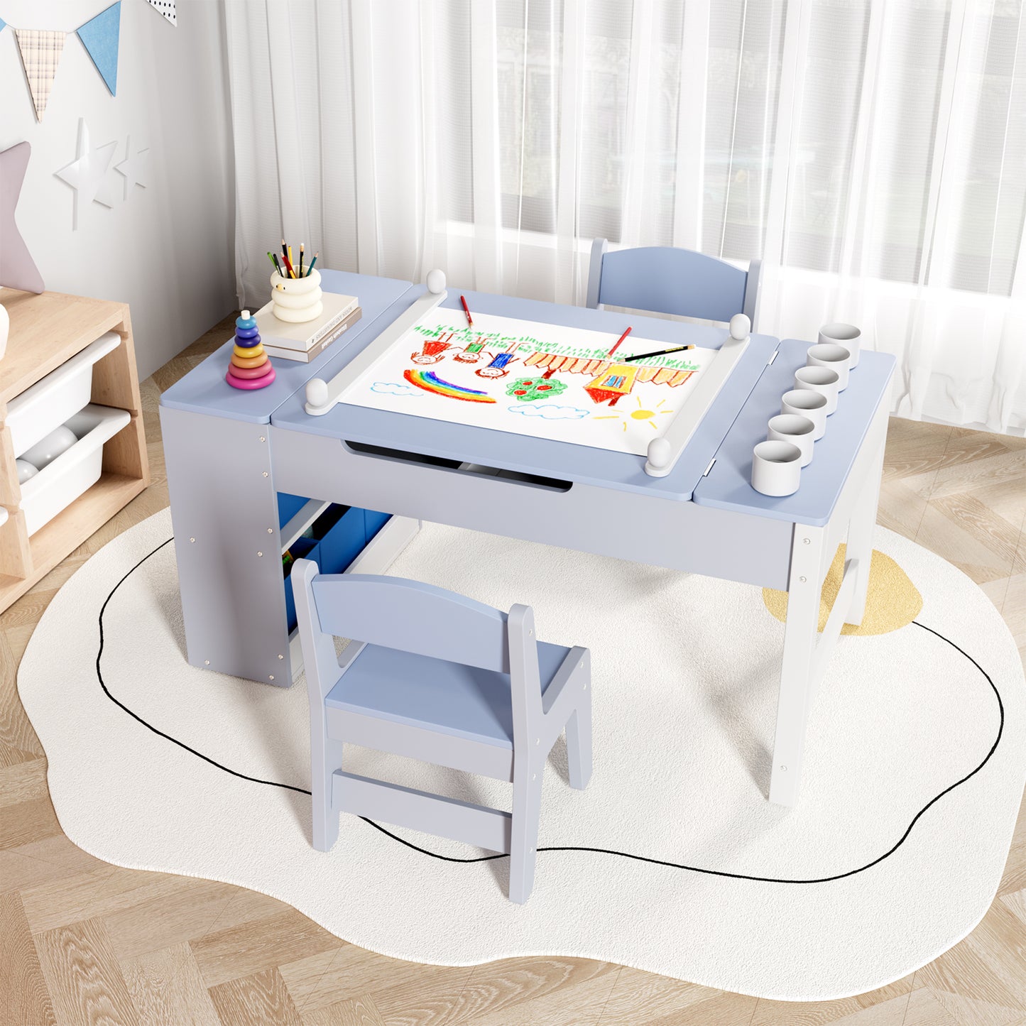 Arlopu 3 in 1 Activity Craft Table Set Kids Wooden Drawing Table Set with Art Easel Adjustable Tilt, 6 Storage Bins, 6 Paint Cup