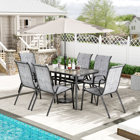 Arlopu 7 Pieces Patio Furniture Set with 1.69″Umbrella Hole, Outdoor Dining Table and 6 Chairs for Garden, Tempered Glass Top