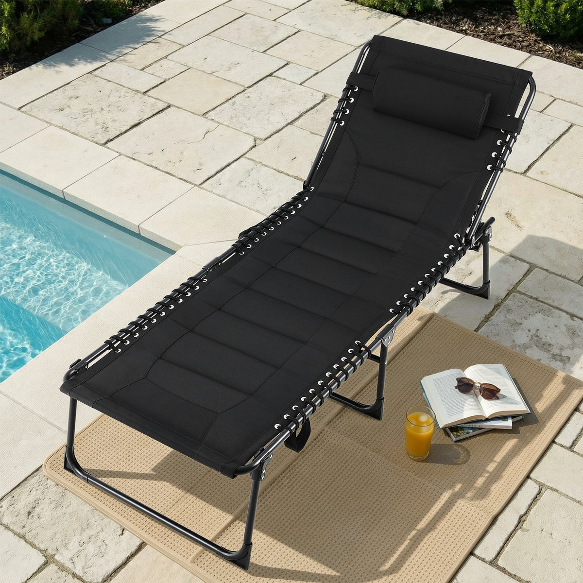 Arlopu Padded Folding Chaise Lounge Chair, Heavy Duty Reclining Chair with Pillow & Side Pocket for Patio Beach Pool, 5-Position Adjustable, Gray