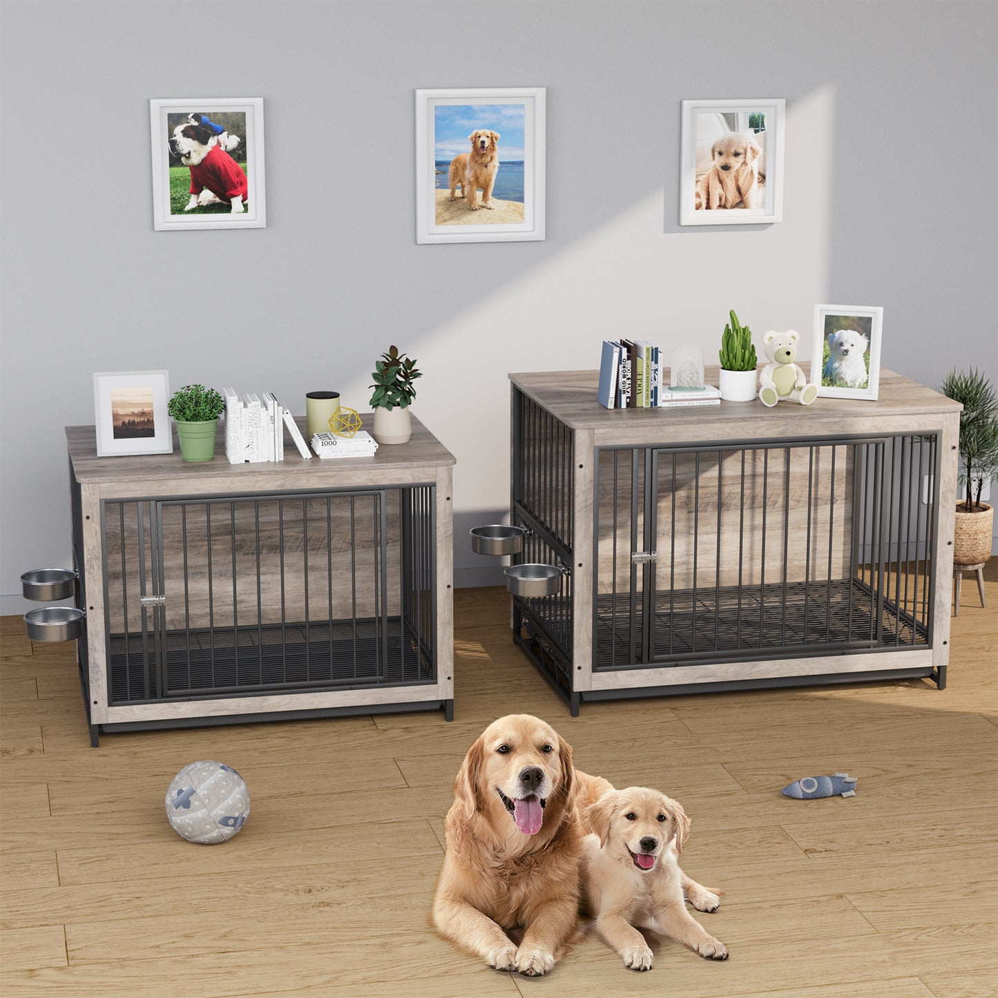 Arlopu Furniture Style Dog Crate with 2 Stainless Steel Bowls Wooden End Table Dog Cage Indoor Dog Kennel with Pull-Out Tray for Small Medium Dogs Under 70 lbs