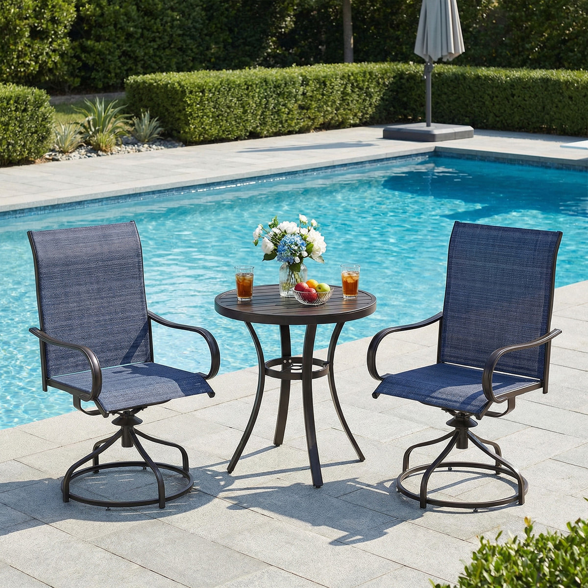 Arlopu 3pcs Patio Dining Set with Round Metal Table and 2 Patio 360° Swivel Chairs, Outdoor Dining Furniture Set w/1.57"-1.8" Adjustable Umbrella Hole & Foot Pads for Graden Backyard Poolside