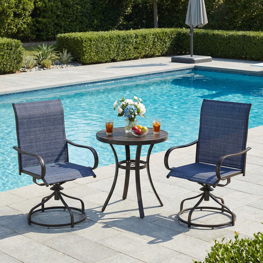 Arlopu 3pcs Patio Dining Set with Round Metal Table and 2 Patio 360° Swivel Chairs, Outdoor Dining Furniture Set w/1.57"-1.8" Adjustable Umbrella Hole & Foot Pads for Graden Backyard Poolside