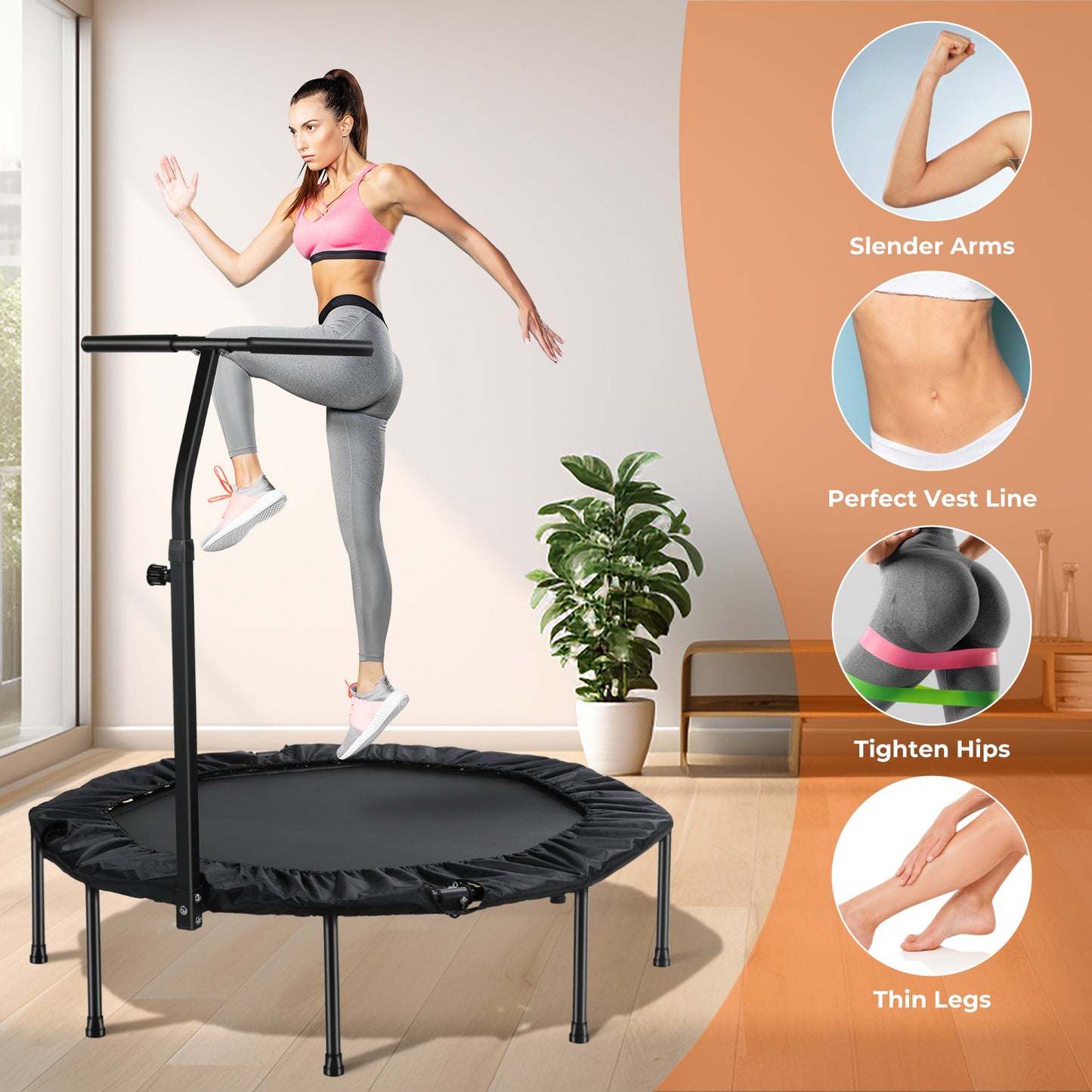 Arlopu 50" Foldable Rebounder for Adults Mini Trampoline Indoor Exercise Fitness Trampoline