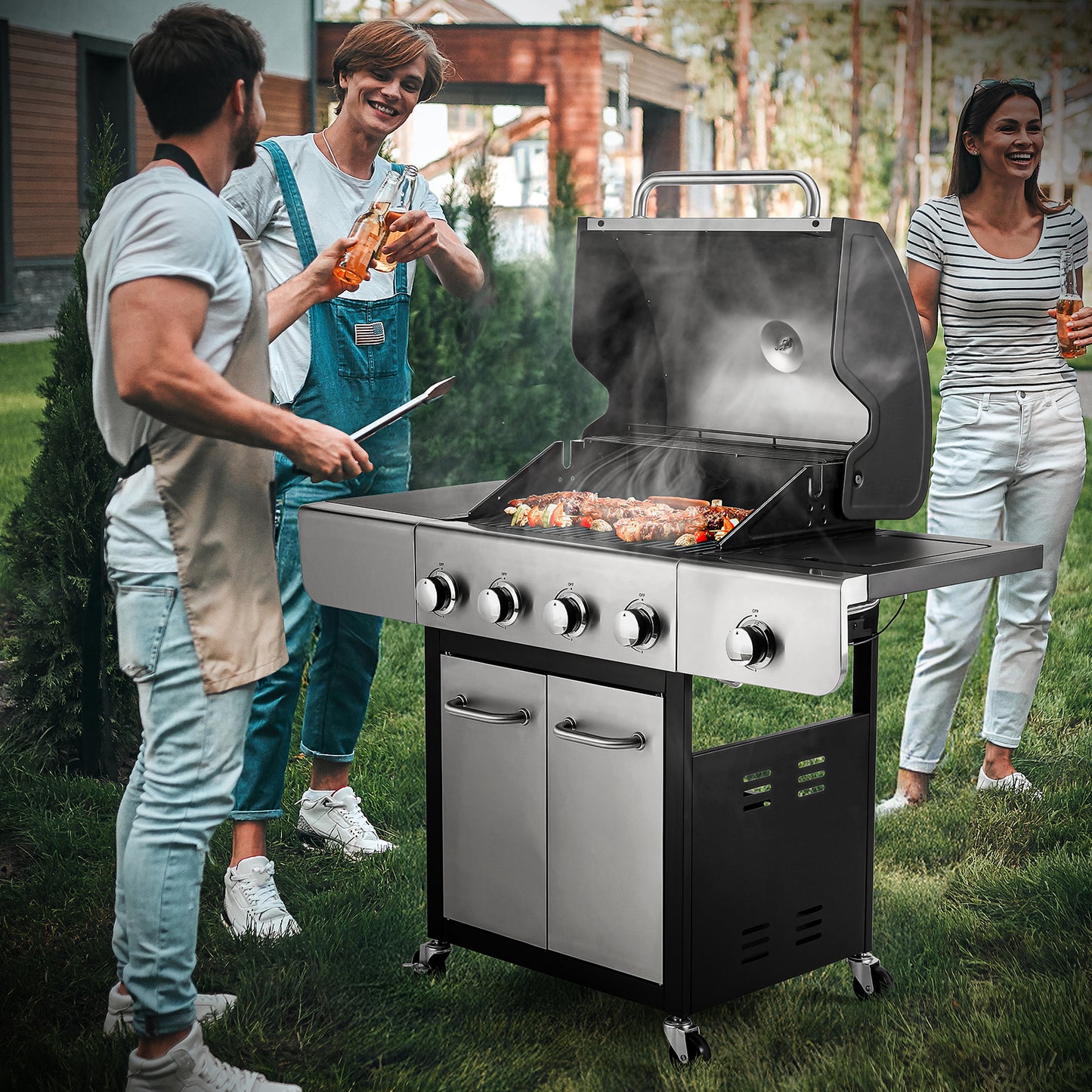 Arlopu 4-Burner Outdoor Propane Gas Grill, 40000 BTU Output Stainless Steel BBQ Grill with 12000 BTU Side Burner