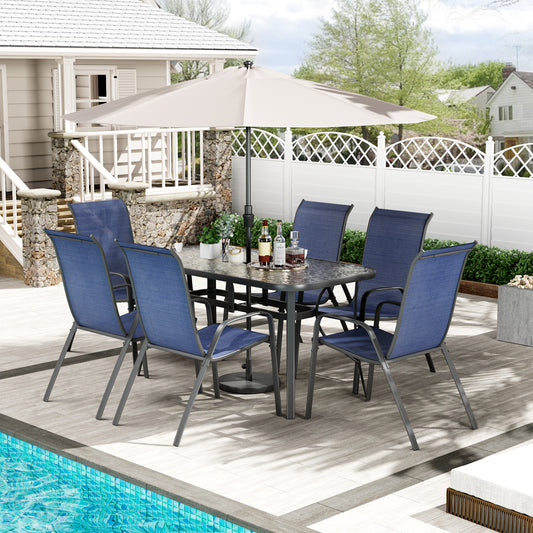 Arlopu 7 Piece Outdoor Patio Dining Set, Rectangular Tempered Glass Table with Umbrella Hole, 6 Person Patio Table and Chairs furniture for Backyard