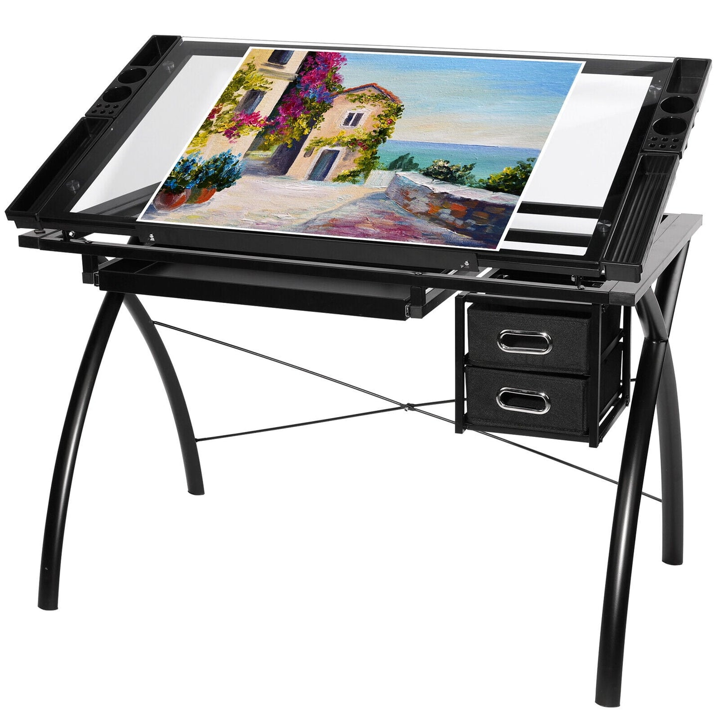 Arlopu Tempered Glass Adjustable Drafting Table with Storage Drawers, Steel Frame Drawing Table