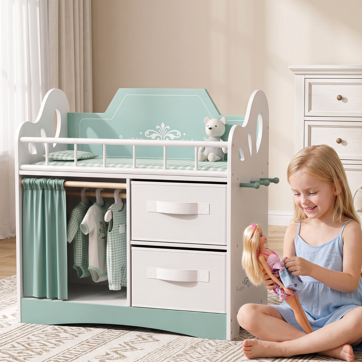 Arlopu Baby Doll Bed, 3-in-1 Wooden Dolls Crib Set with Accessories, Wardrobe