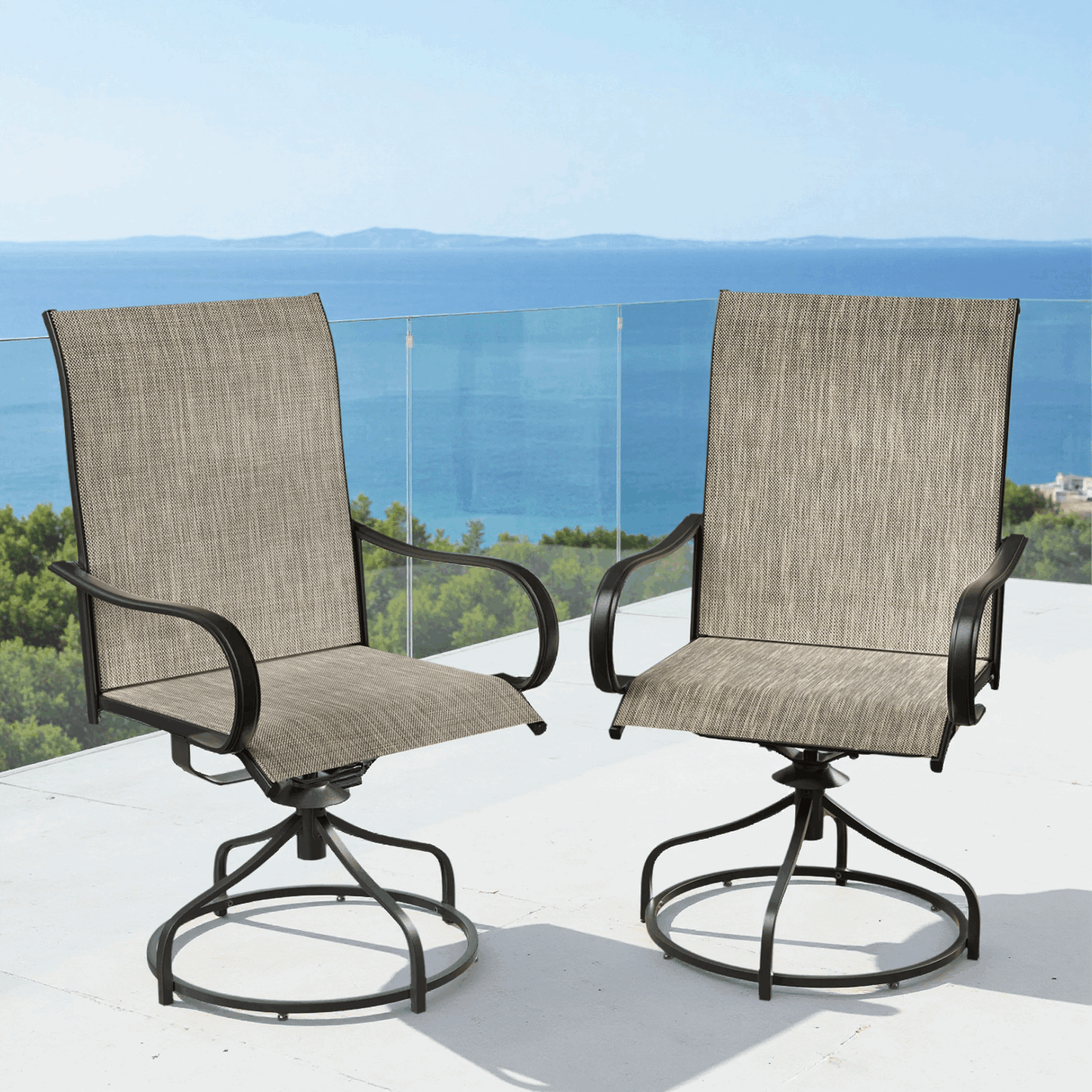 Arlopu 2pcs Patio Swivel Chairs, Outdoor 360° Rocker Dining Chairs w/ High Back & Armrest for Garden Deck Backyard, All-Weather Textilene, Brown