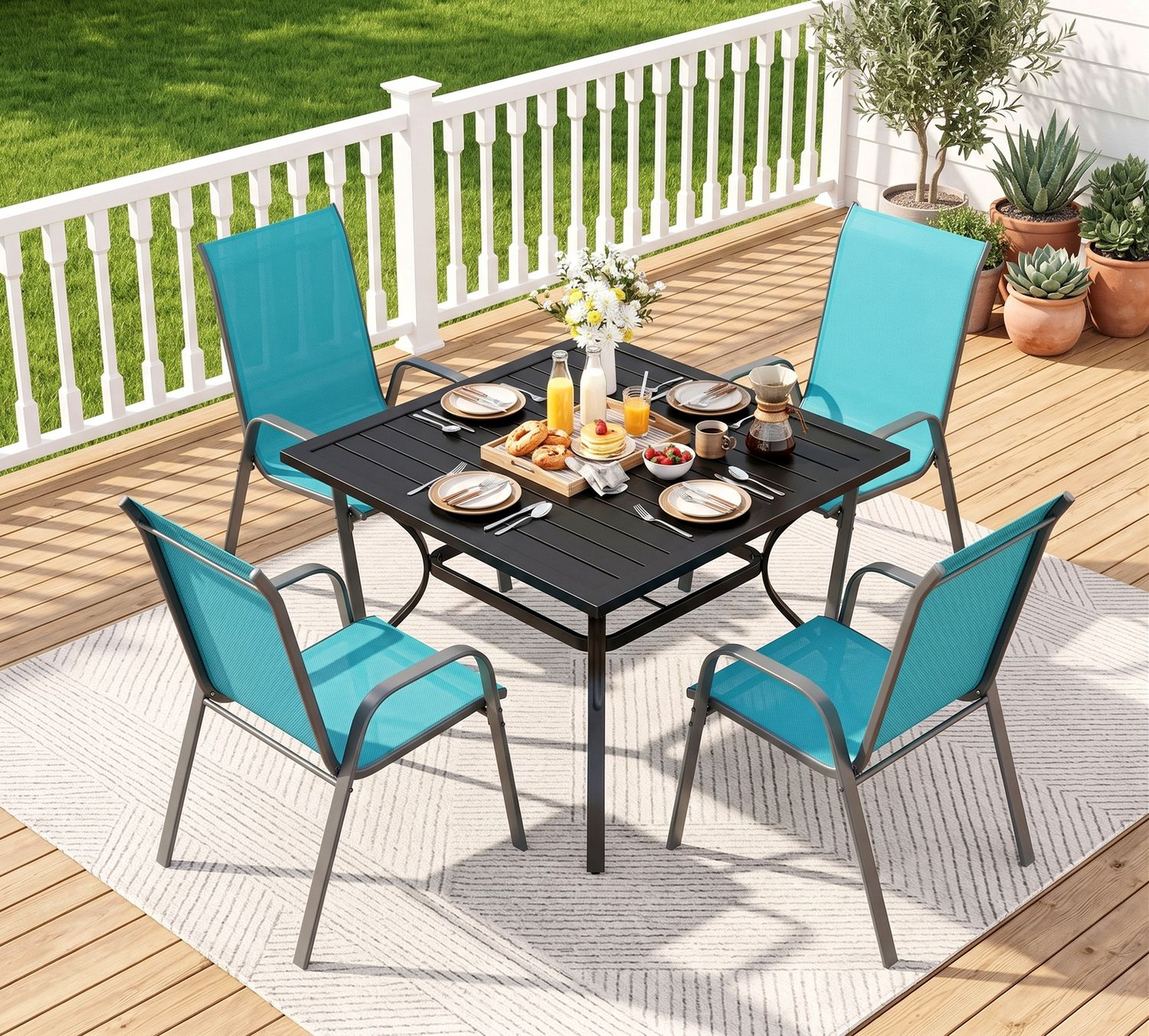 Arlopu 5pcs Patio Dining Set, Outdoor Square Metal Table and 4 Stackable Textilene Chairs, Patio Furniture Set w/ Adjustable Umbrella Hole & Foot Pads for All Weather