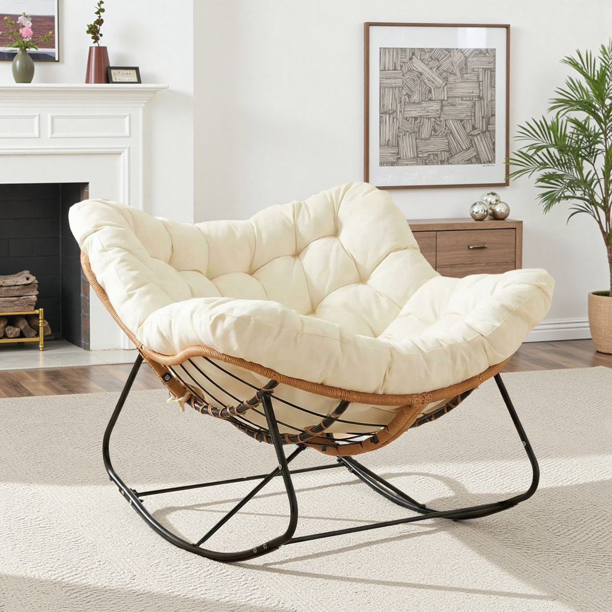 Arlopu Outdoor Papasan Rocking Chair, Oversized Padded Lounge Rocker with Cushion, Comfy Wicker Egg Lounge Chair, Large Indoor Rocking Recliner for Living Room/Porch/Garden