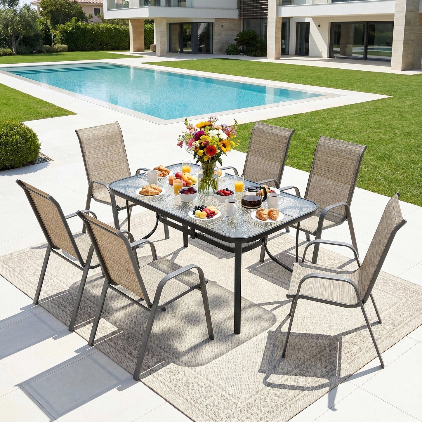 Arlopu Outdoor Patio Dining Set of 7, Rectangular Dining Table with Umbrella Hole and 6 Stackable Chairs for Lawn, Deck, Poolside, Backyard