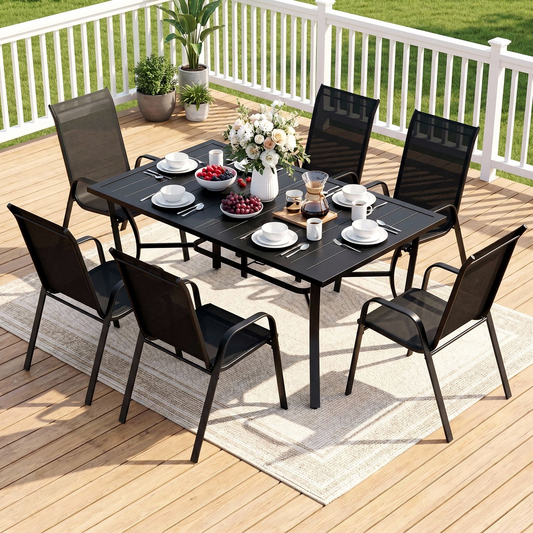Arlopu Patio Dining Set 7 Pieces Outdoor Table and 6 Chairs w/ 1.69″Umbrella Hole for Backyard