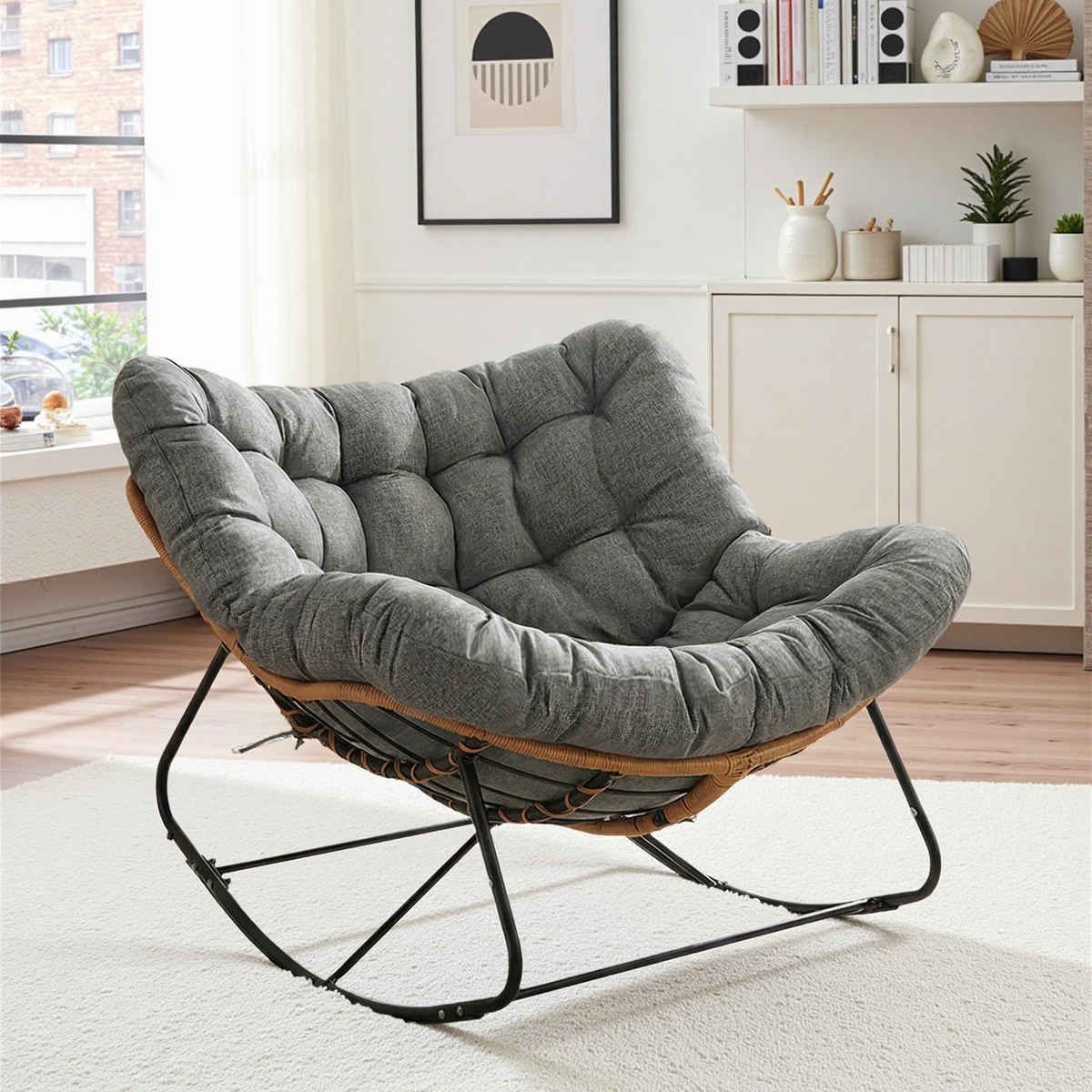Arlopu Outdoor Papasan Rocking Chair, Oversized Padded Lounge Rocker with Cushion, Comfy Wicker Egg Lounge Chair, Large Indoor Rocking Recliner for Living Room/Porch/Garden