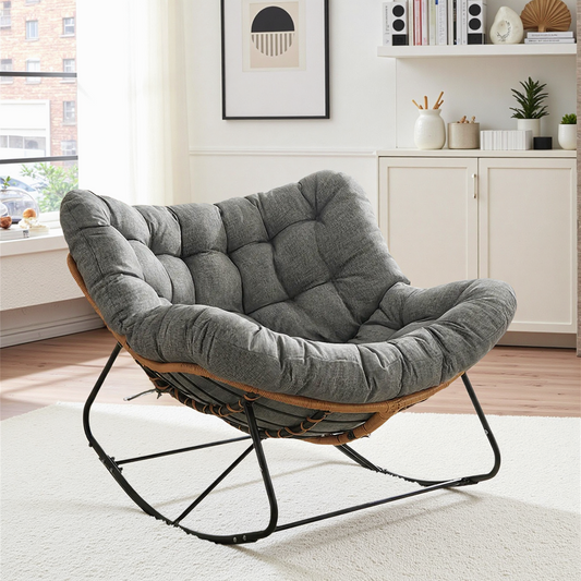 Arlopu Outdoor Papasan Rocking Chair, Oversized Padded Lounge Rocker with Cushion, Comfy Wicker Egg Lounge Chair, Large Indoor Rocking Recliner for Living Room/Porch/Garden