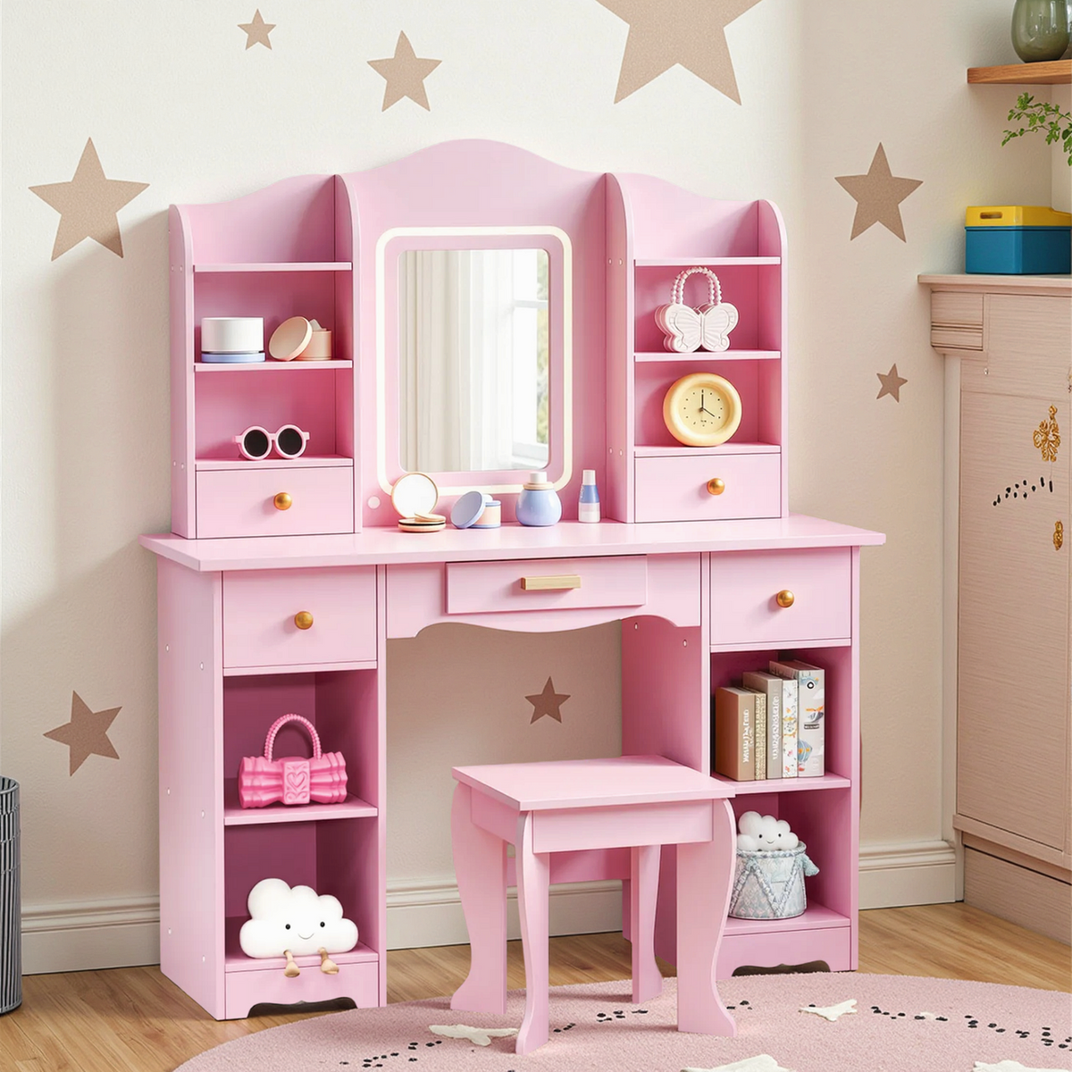Arlopu Kids Vanity Set w/ 3-Color Light, Princess Makeup Dressing Table & Stool Set, 2 in 1 Girls Pretend Play Makeup Dressing Table w/ Open Shelves, Storage Cabinet, Drawer