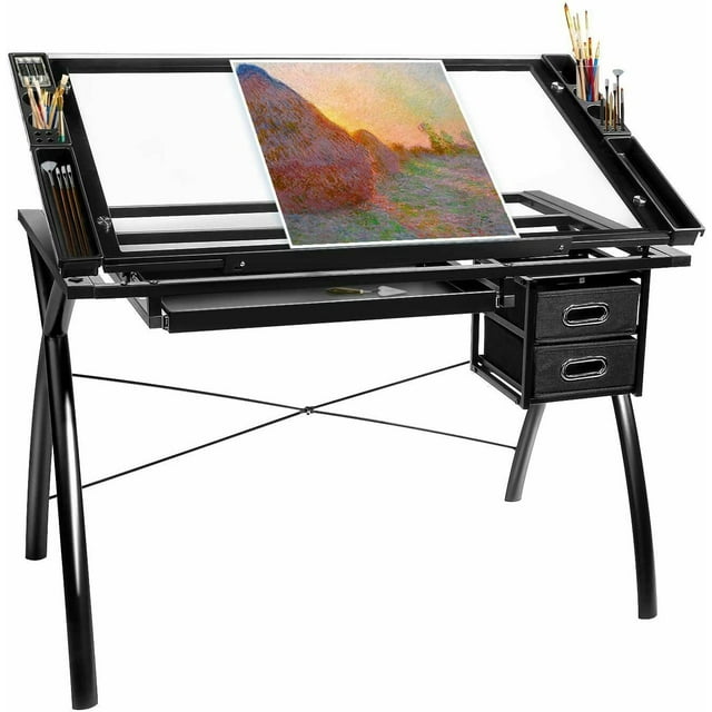 Arlopu Tempered Glass Adjustable Drafting Table with Storage Drawers, Steel Frame Drawing Table