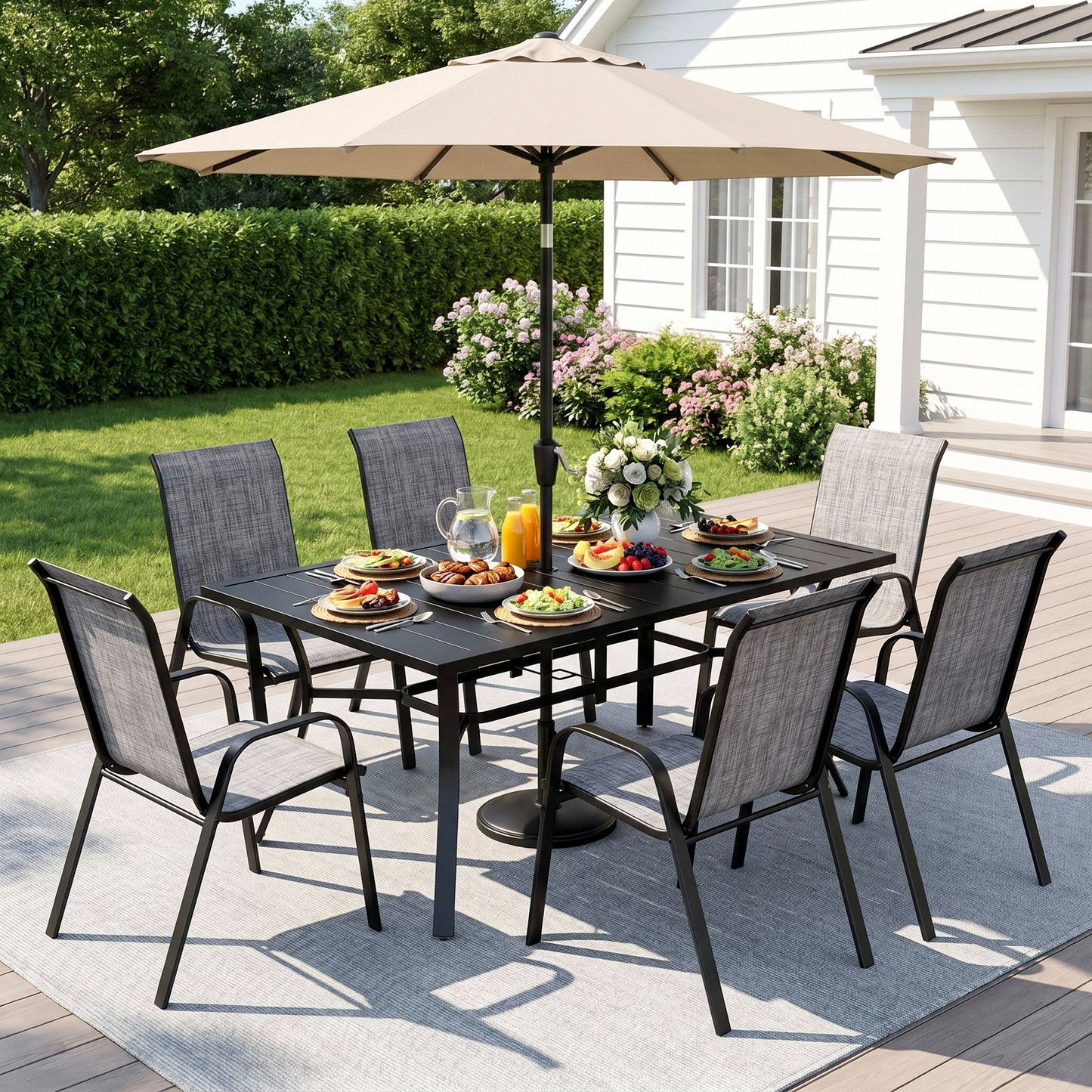 Arlopu Patio Dining Set 7 Pieces Outdoor Table and 6 Chairs w/ 1.69″Umbrella Hole for Backyard