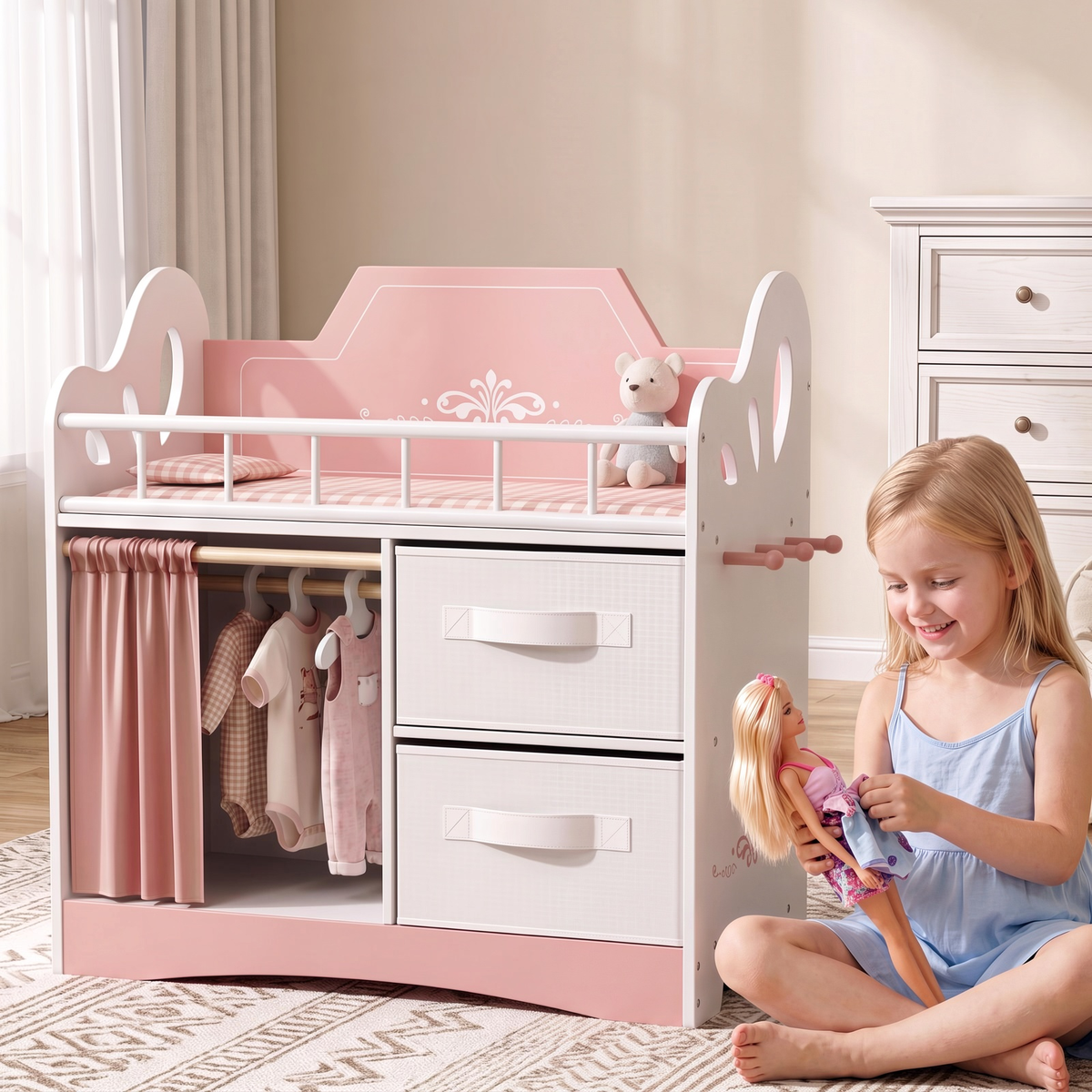 Arlopu Baby Doll Bed, 3-in-1 Wooden Dolls Crib Set with Accessories, Wardrobe