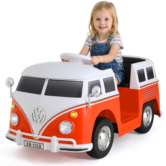 Arlopu 6V Kids Licensed Volkswagen Ride on Bus, Electric Ride on Car with Cup Holder, LED Headlights & Music for Ages 3+, Orange
