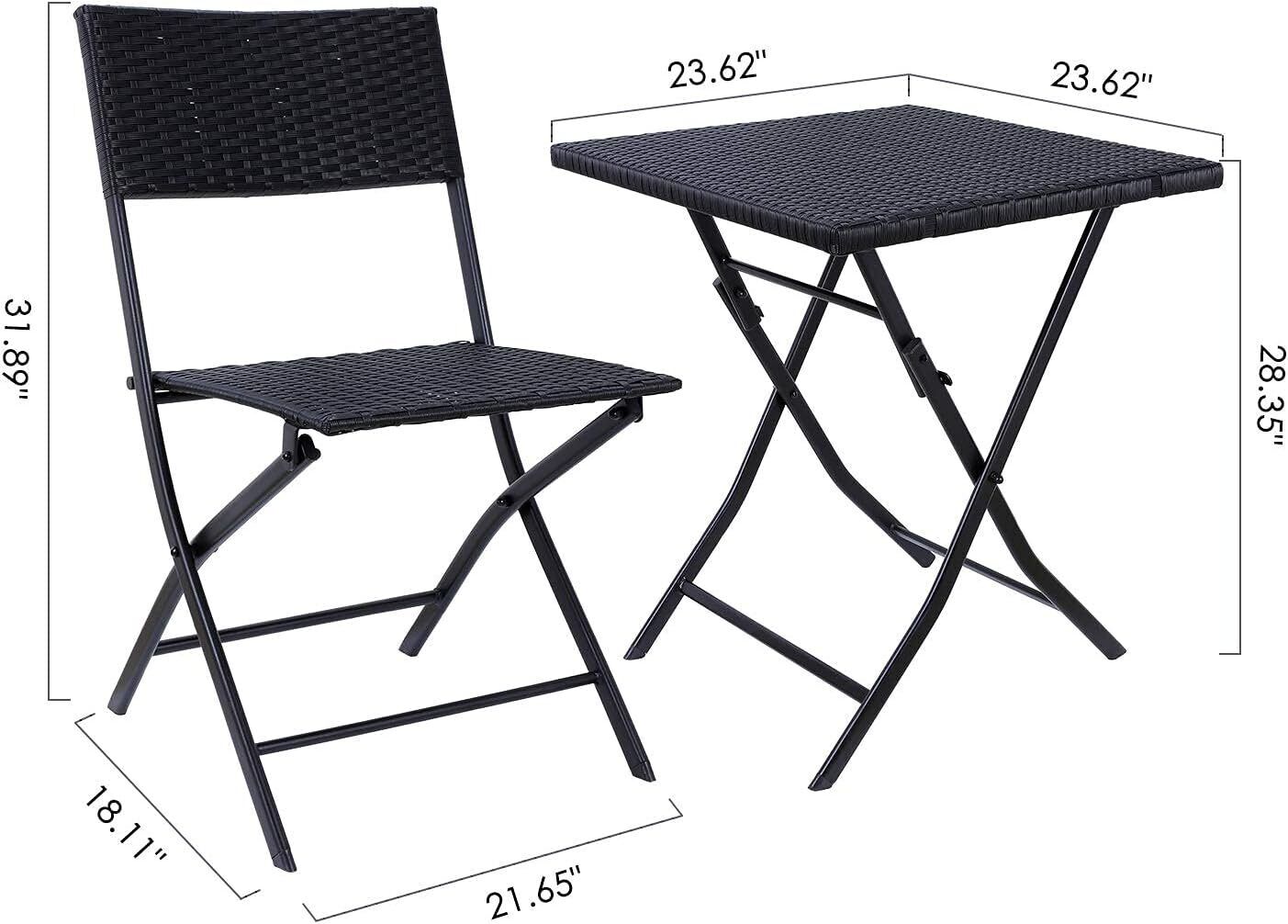 Arlopu 3 Pieces Patio Bistro Set, Folding PE Rattan Table and Chairs, Outdoor Wicker Conversation Set