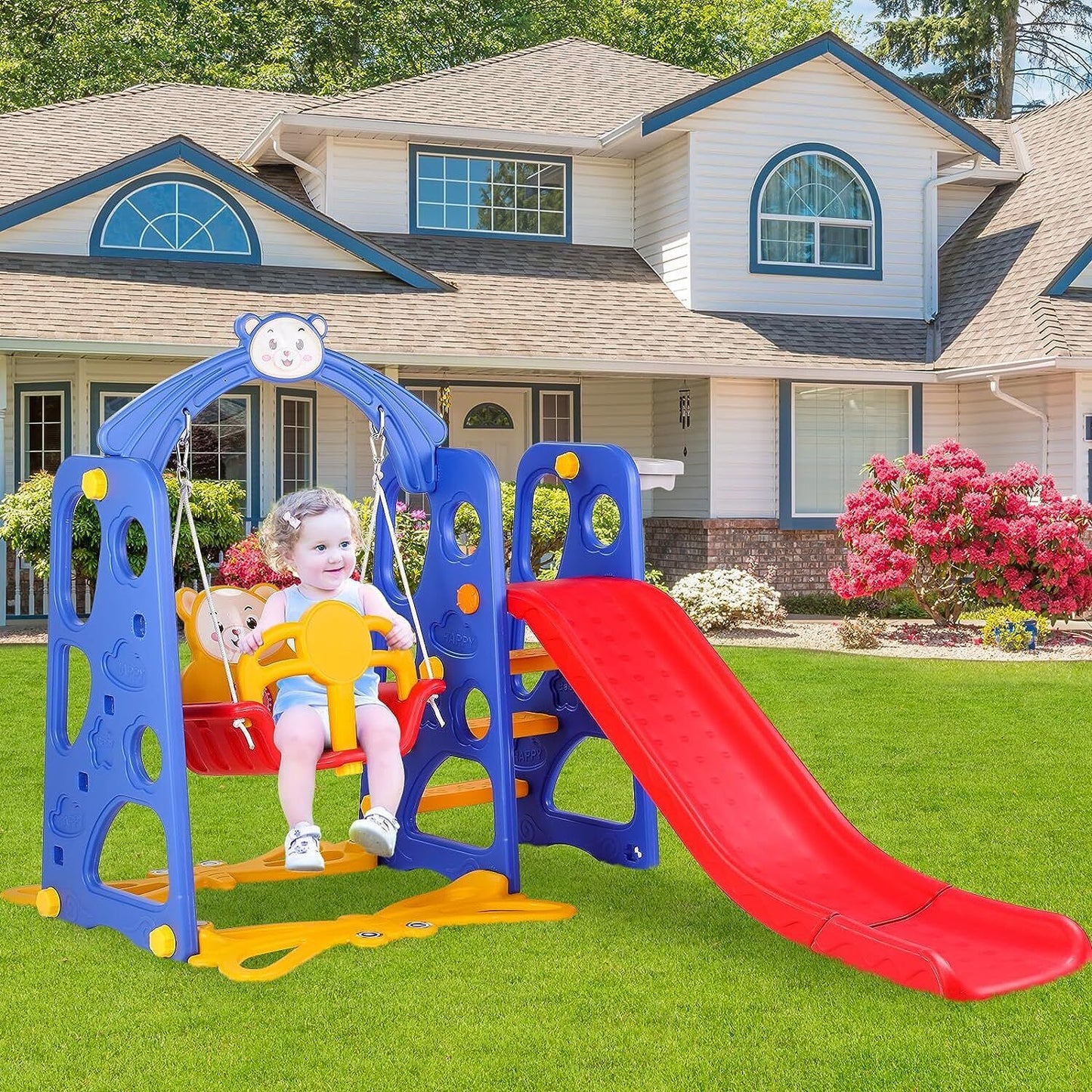 Arlopu Freestanding Toddler Slide and Swing Set, Kids Climber Slide Playset with Basketball Hoop & Ball Indoor Outdoor Backyard Playground