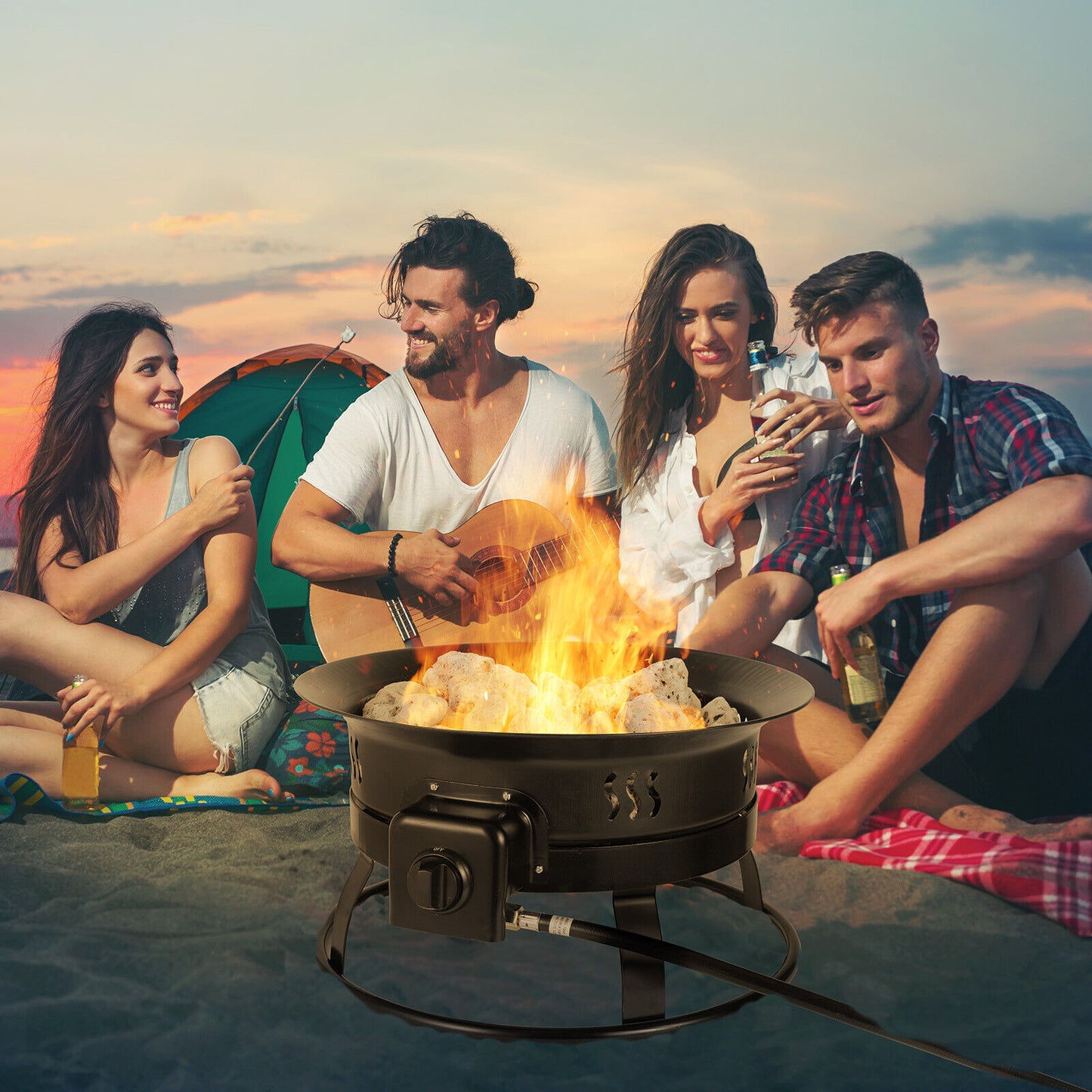 Arlopu 19in Outdoor Portable Propane Fire Pit with Cover & Lava Rocks, 58,000 BTU, Black