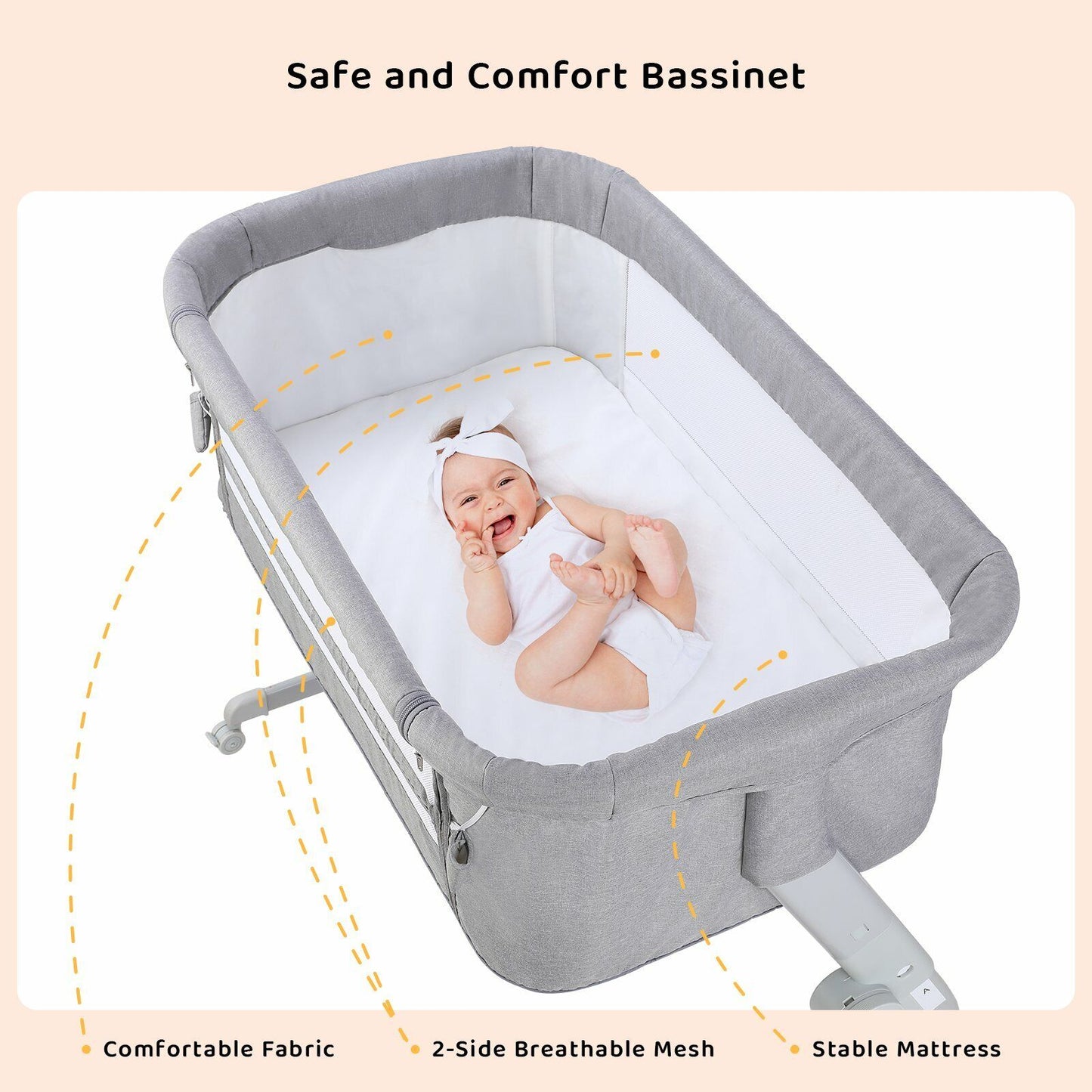 Arlopu Baby Bassinet, Bedside Sleeper for Baby, Bed to Bed, Portable Bedside Crib for Newborn, Adjustable Height