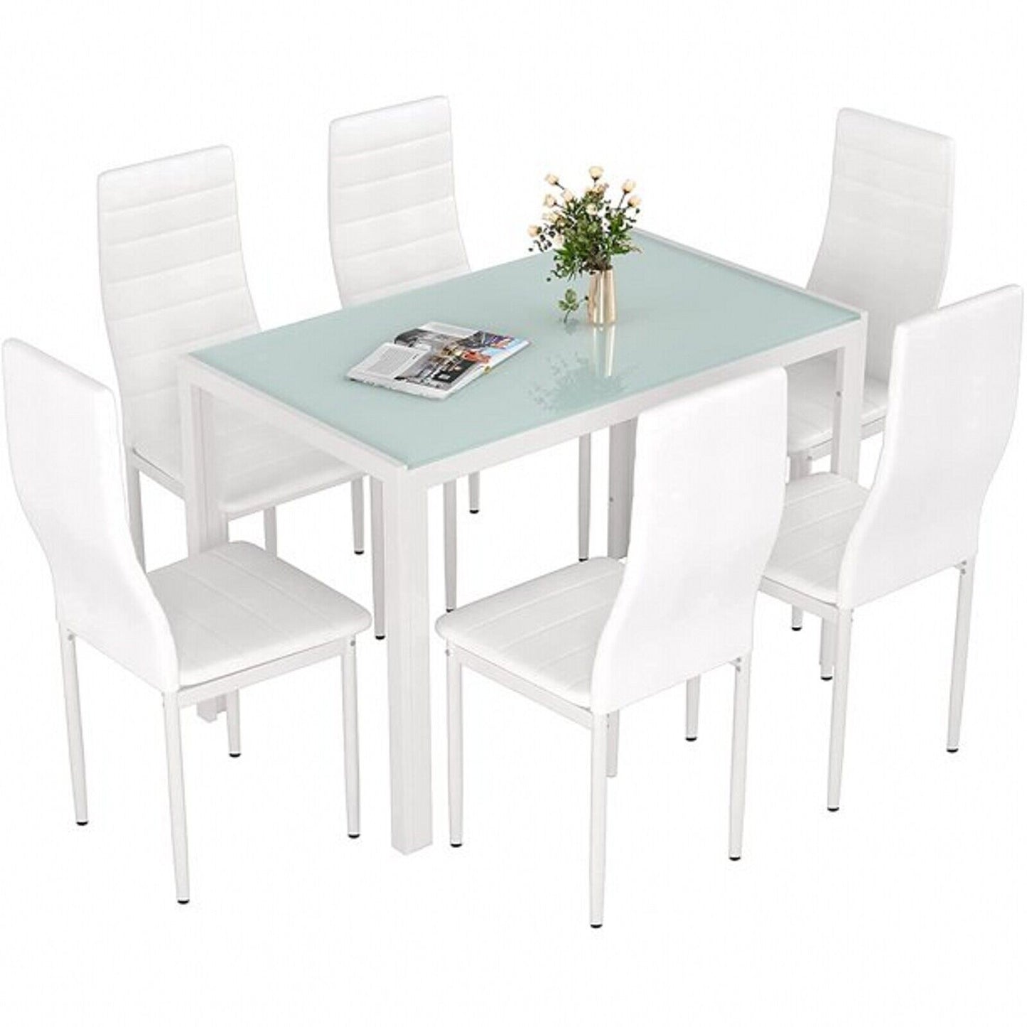 Arlopu 7 Piece Kitchen Dining Table Set for 6, Glass Dining Table and 6 PU Leather Chairs - White