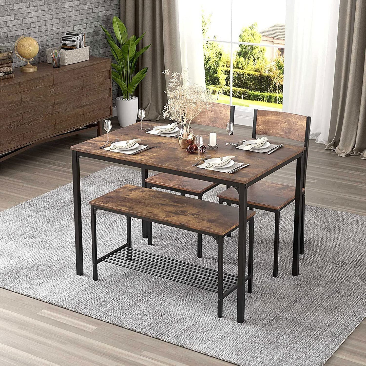 Arlopu 4 Piece Dining Table Set with 2 Chairs and Bench, 43'' Wooden Kitchen Table Counter Height for Kitchen, Dining Room, Small Space