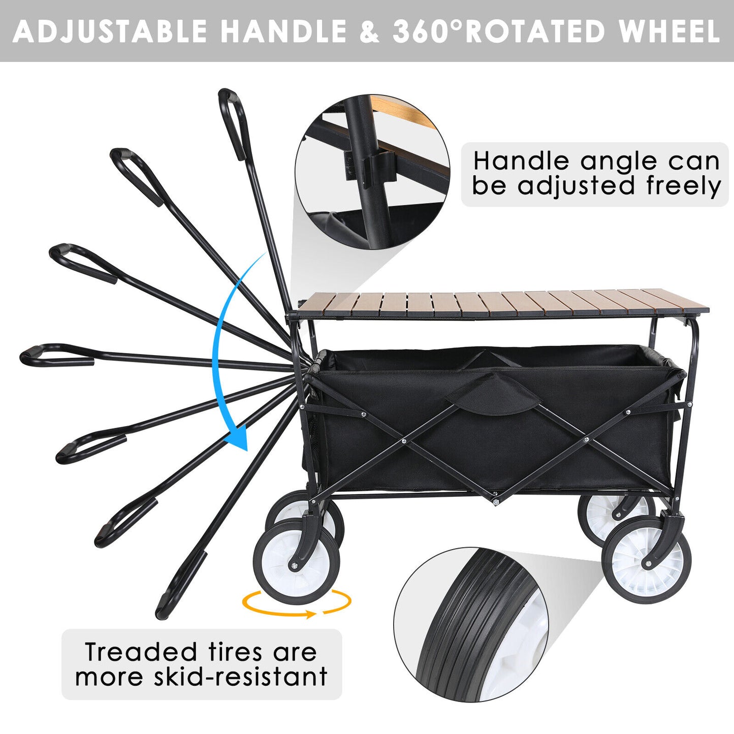 Arlopu Collapsible Utility Wagon Cart with Folding Table Plate, Portable Wagon with Aluminum Alloy Table Combo for Outdoor Picnic, Camping, Grocery Shopping, 150 lbs