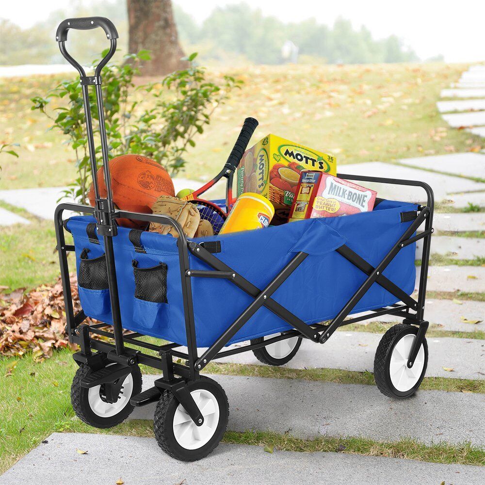 Arlopu Collapsible Wagon Cart, Folding Utility Beach Wagon Outdoor Grocery Shopping Cart, Blue