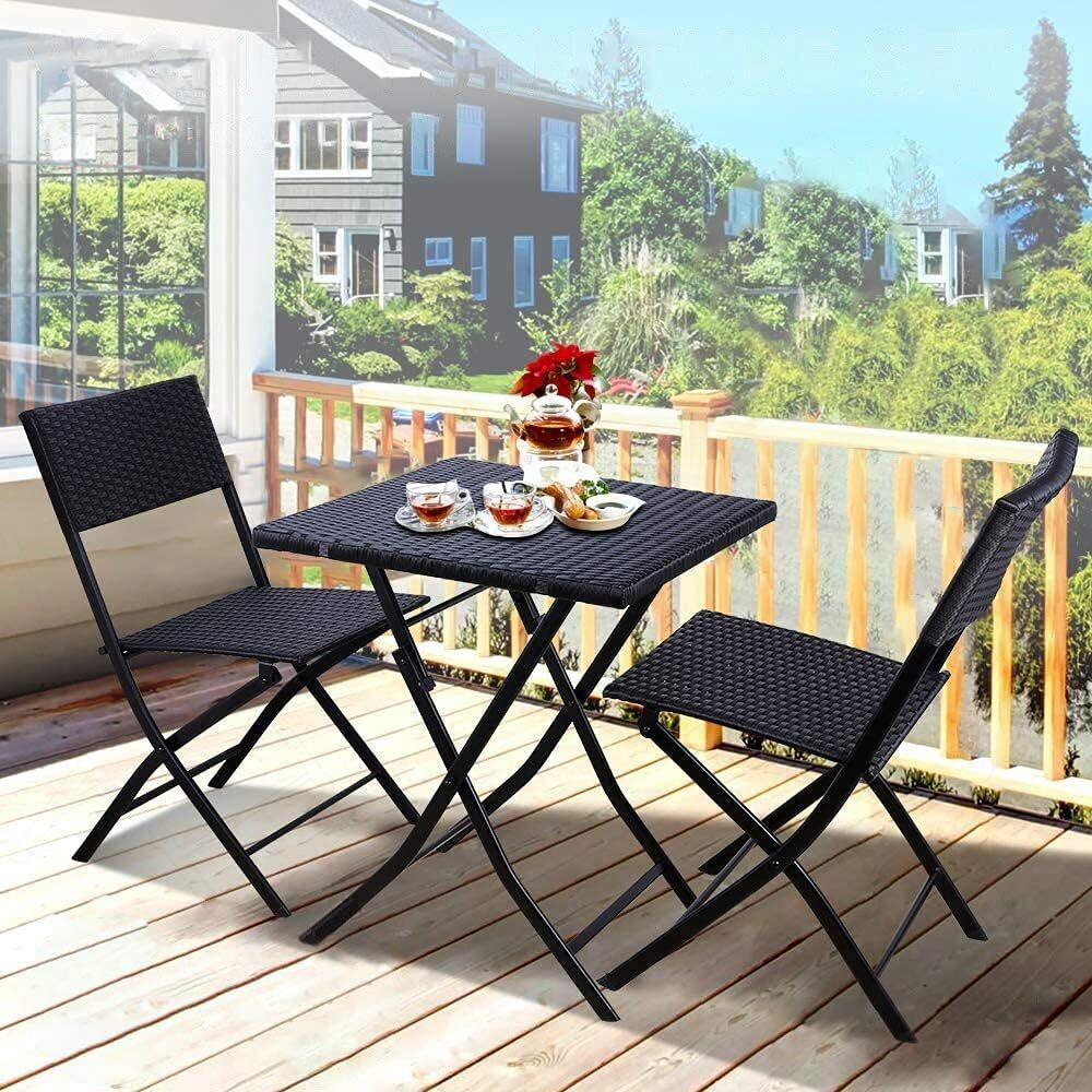 Arlopu 3 Pieces Patio Bistro Set, Folding PE Rattan Table and Chairs, Outdoor Wicker Conversation Set