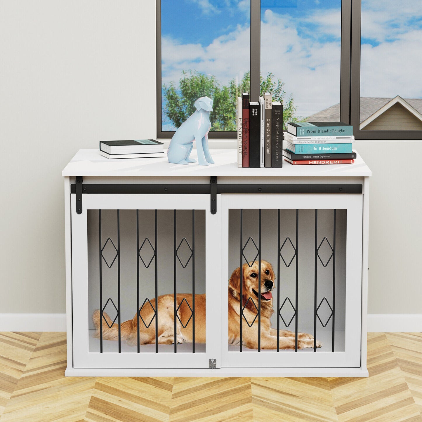 Arlopu Large Dog Crate Furniture with Sliding Barn Door, Wooden Indoor Dog Kennel w/Flip-top, 39.4'' Heavy Duty Modern Puppy Dog Cage End Table with Detachable Divider for Small / Medium Pets