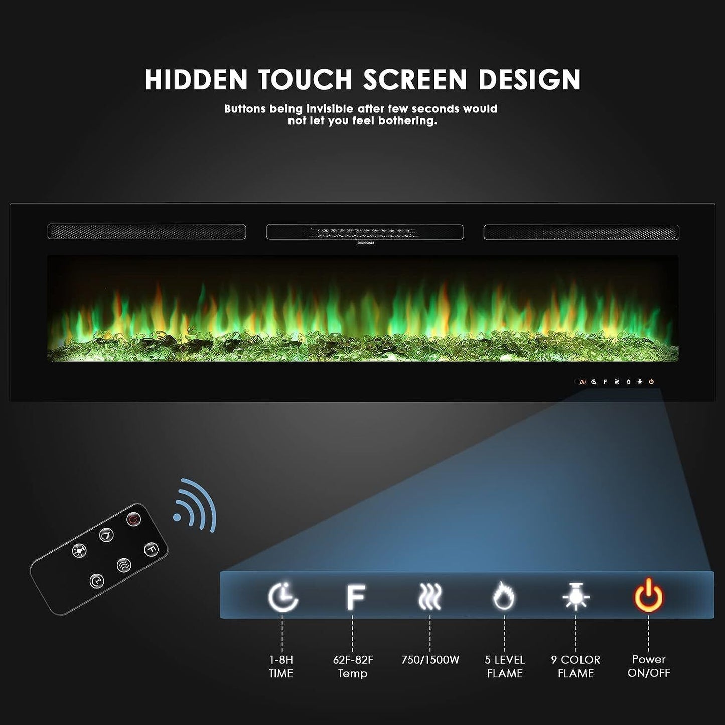 Arlopu 60'' Electric Fireplace, Wall Mounted / Recessed Fireplace Heater with Remote Control, Timer, Touch Screen