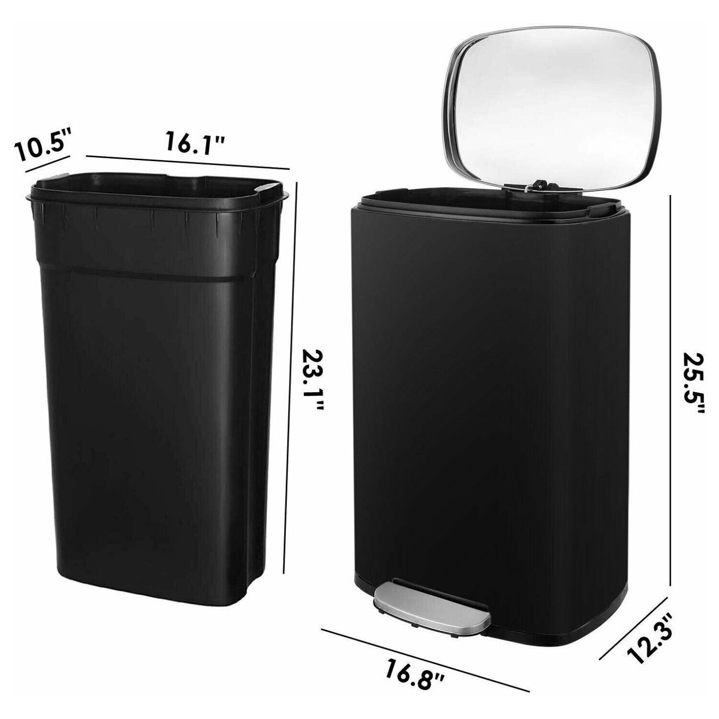 Arlopu 13.2 gal Rectangular Trash Can with Lid, Stainless Steel Garbage Can with Foot Pedal for Home Kitchen