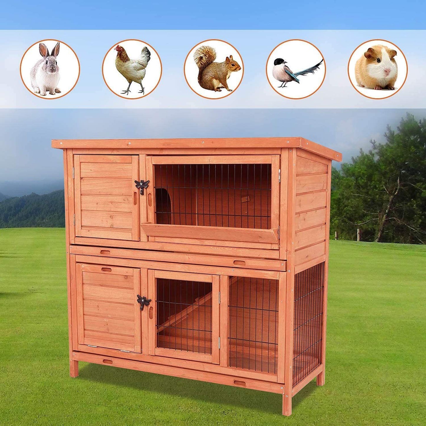 Arlopu 42.3'' Rabbit Hutch, Wooden Bunny Hutch Poultry Cage Indoor Outdoor Backyard Small Animals House