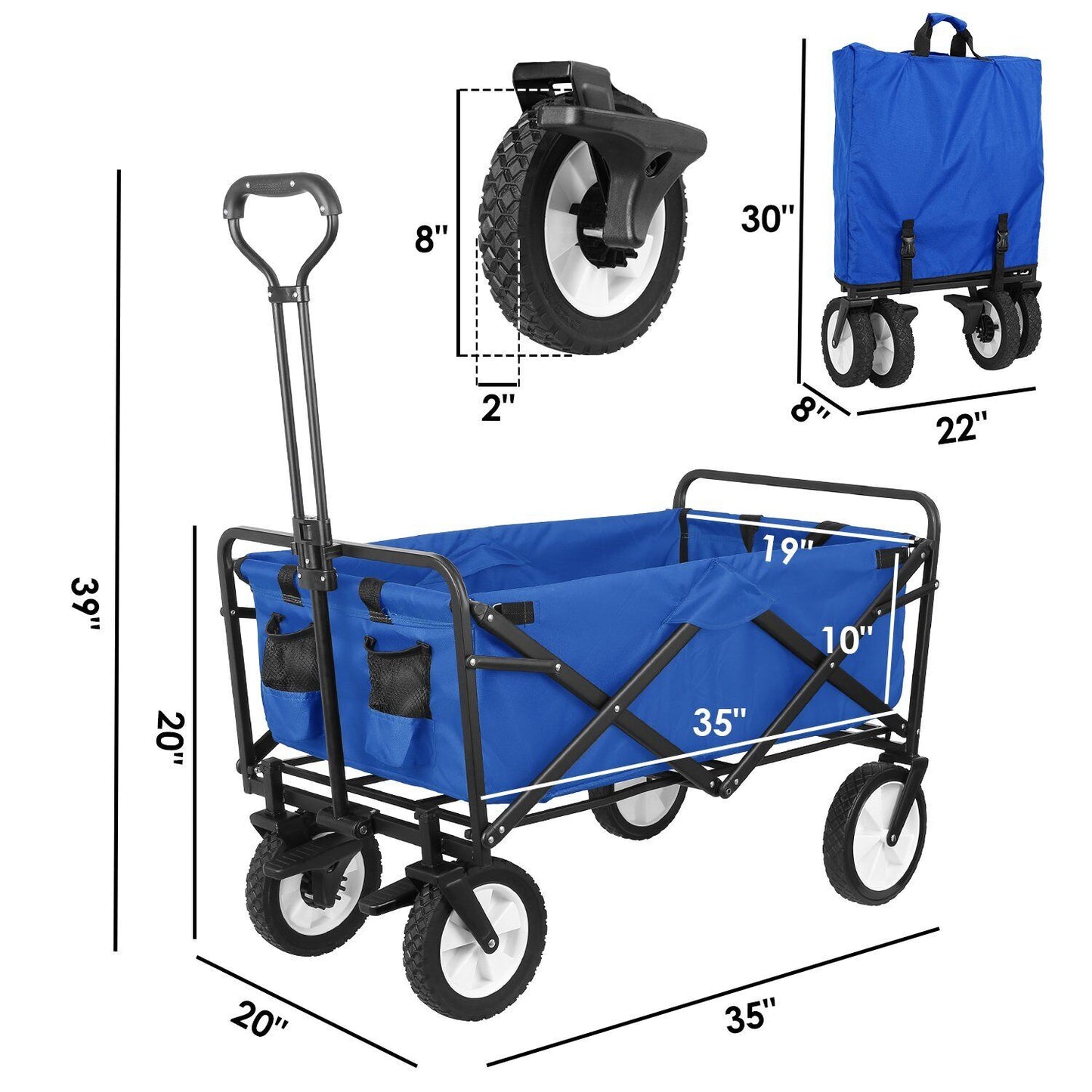 Arlopu Collapsible Wagon Cart, Folding Utility Beach Wagon Outdoor Grocery Shopping Cart, Blue