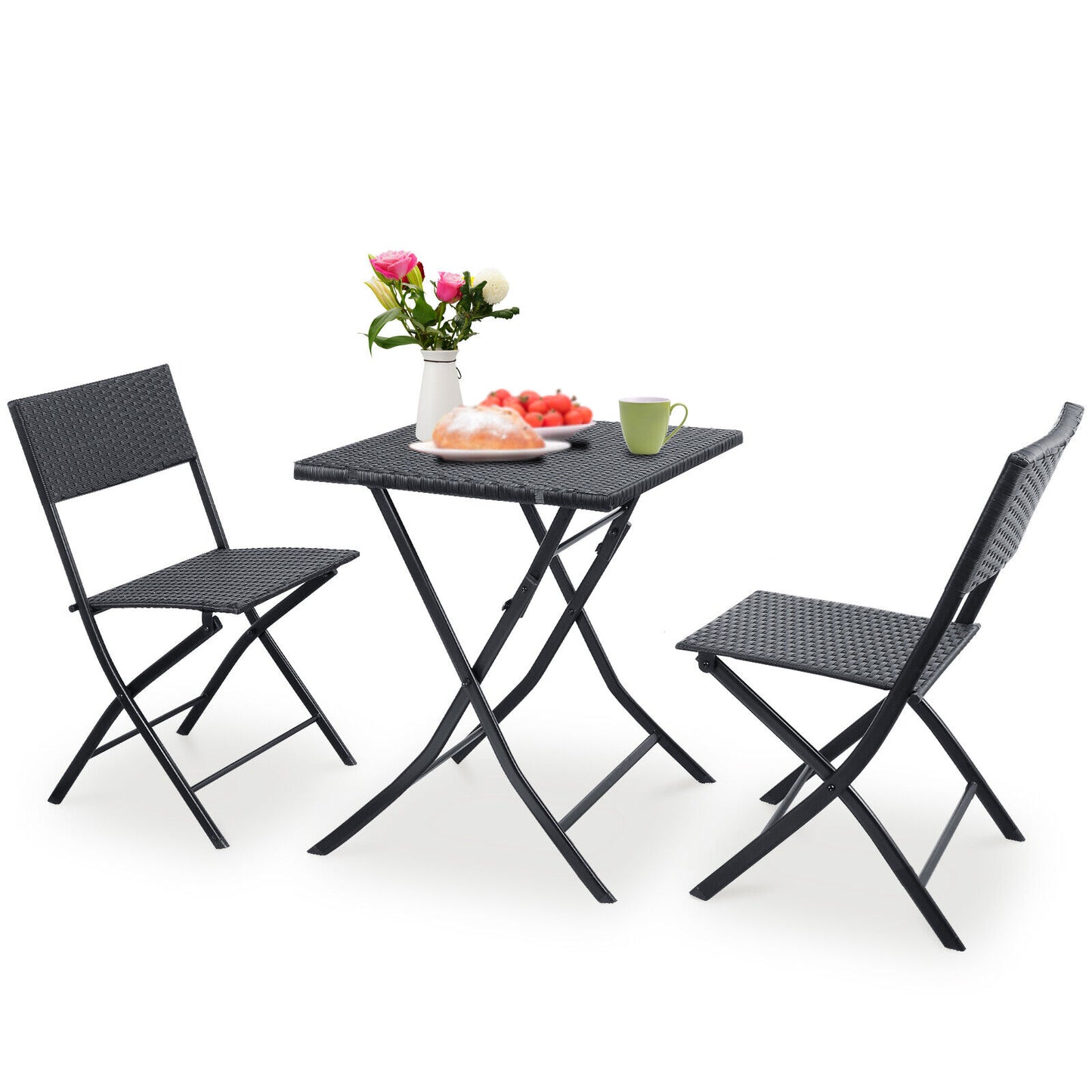 Arlopu 3 Pieces Patio Bistro Set, Folding PE Rattan Table and Chairs, Outdoor Wicker Conversation Set