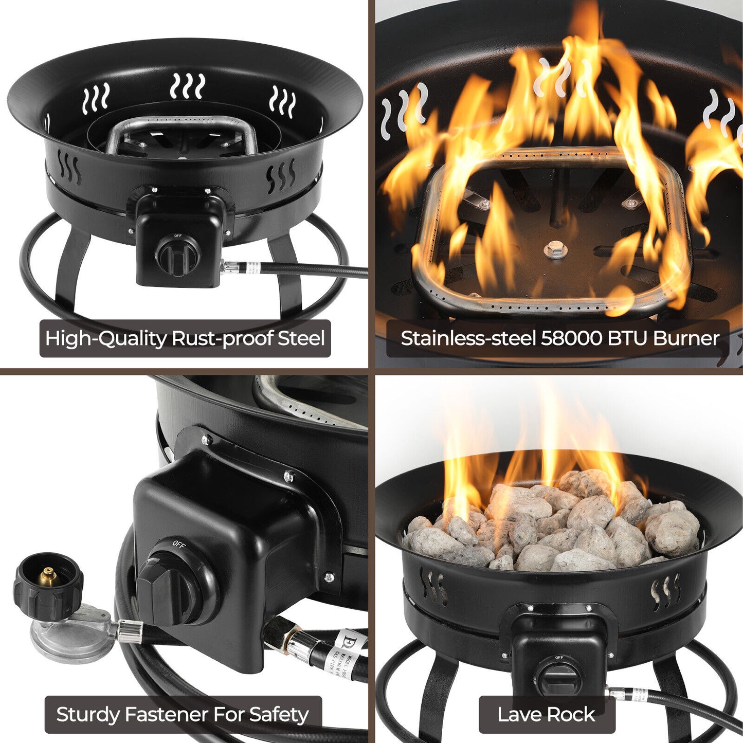 Arlopu 19in Outdoor Portable Propane Fire Pit with Cover & Lava Rocks, 58,000 BTU, Black