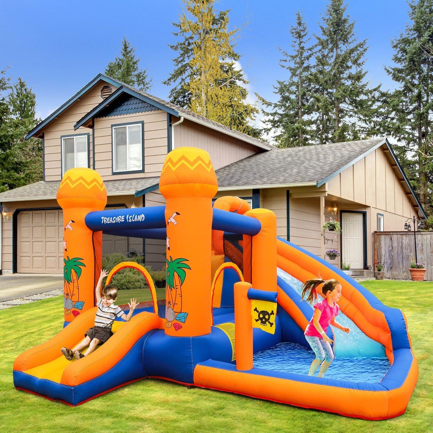 Arlopu Inflatable Water Slide Bounce House with Blower, Outdoor Yard Park Jumping Castle with Play Splash Pool for Kids 2-8 Years