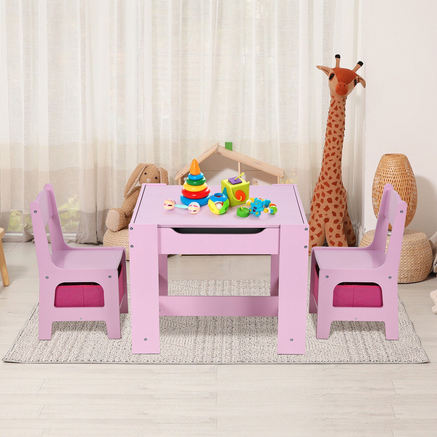 Arlopu Kids Table and 2 Chairs Set, Wooden Activity Table with Storage Drawer, Detachable Tabletop Toddler Table and Chair Set for Drawing Reading Arts & Crafts