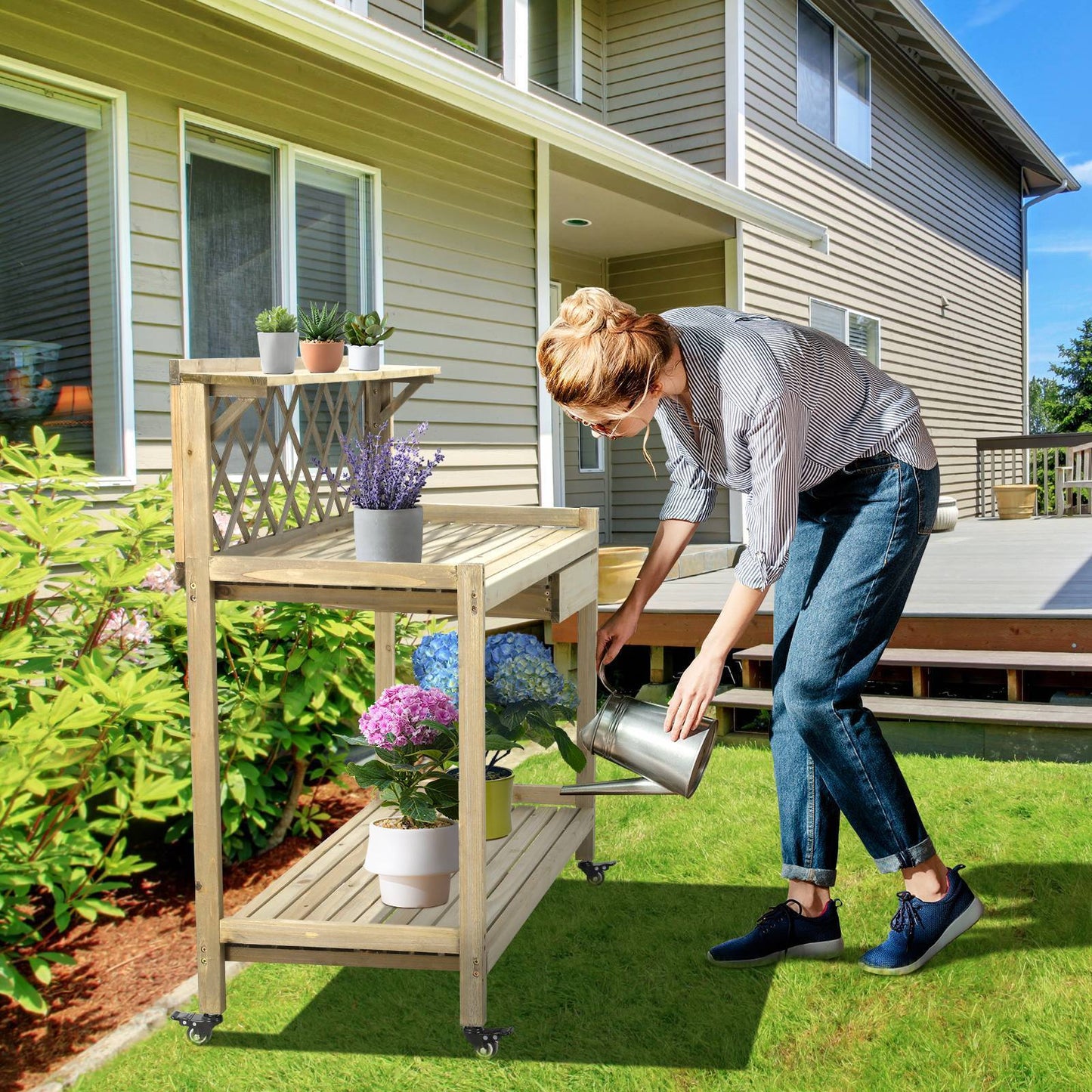 Arlopu Garden Potting Bench with Wheels, Wooden Workstation Table with Cabinet Drawer, Open Storage Shelf