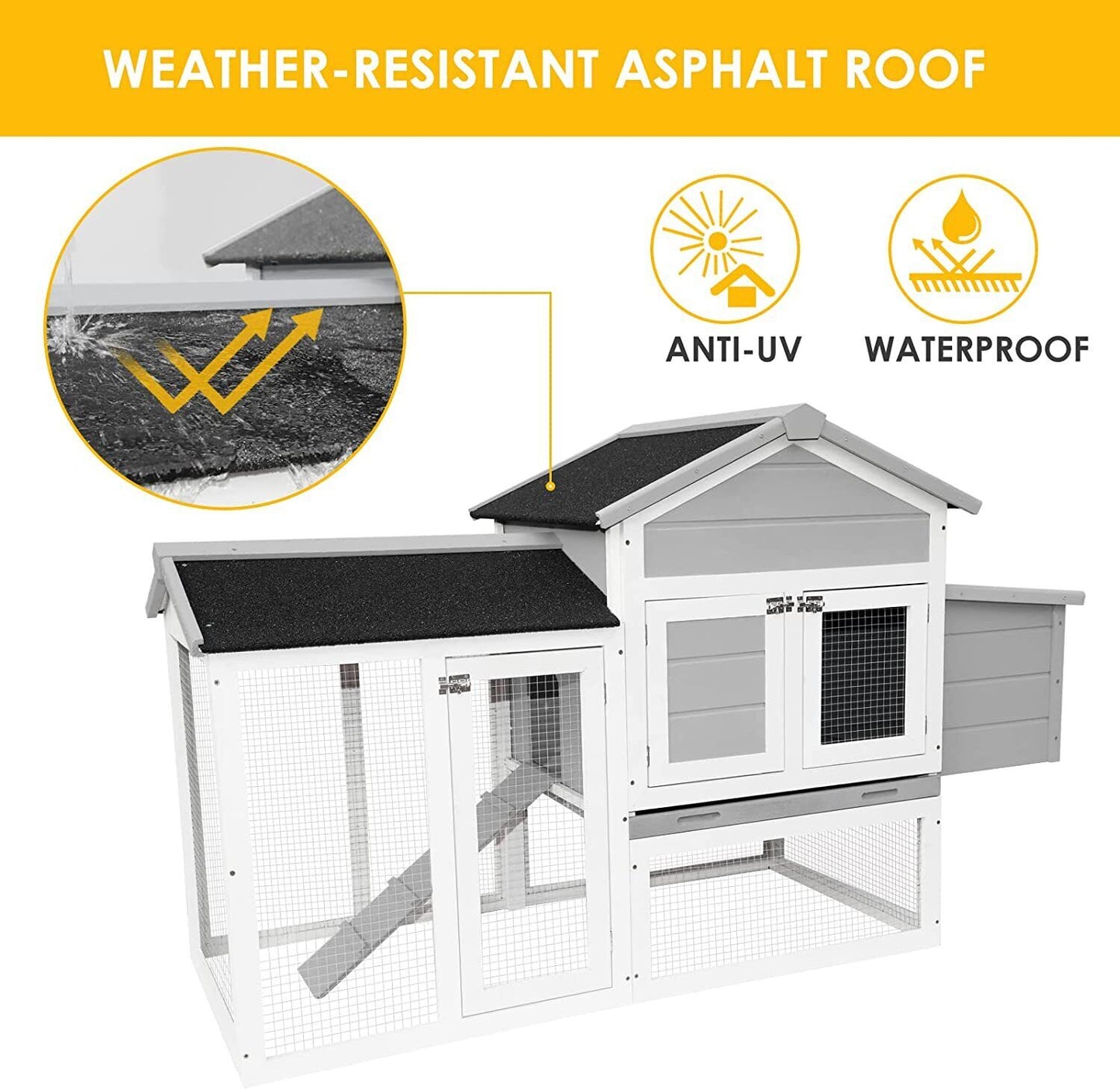 Arlopu 65" Chicken Coop, Outdoor Yard Wooden Poultry Cage, Multi-Level Hen House with Ramp, Nesting Box, Removable Tray, Wire Enclosure & Weatherproof Asphalt roof