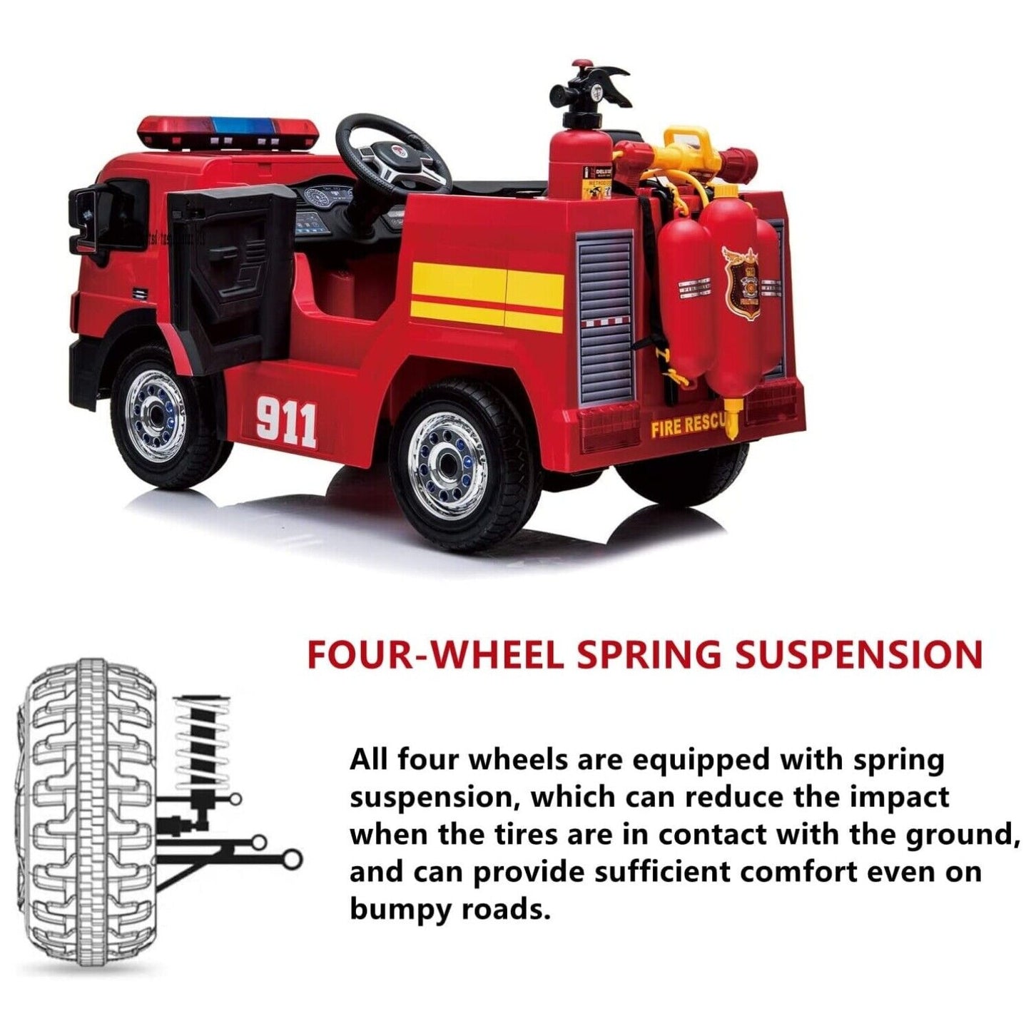 Arlopu Kids 12V Ride On Fire Truck, Battery Powered Toy Car, with Parent Remote Control, Spring Suspension, Simulation Kids' Electric Vehicles, Power Wheels with Accessories, LED Lights, MP3 Player