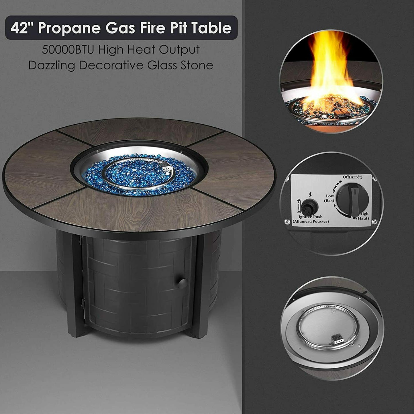 Arlopu 42" Propane Fire Pit Table 50,000 BTU Round Table Stove Patio Fireplace