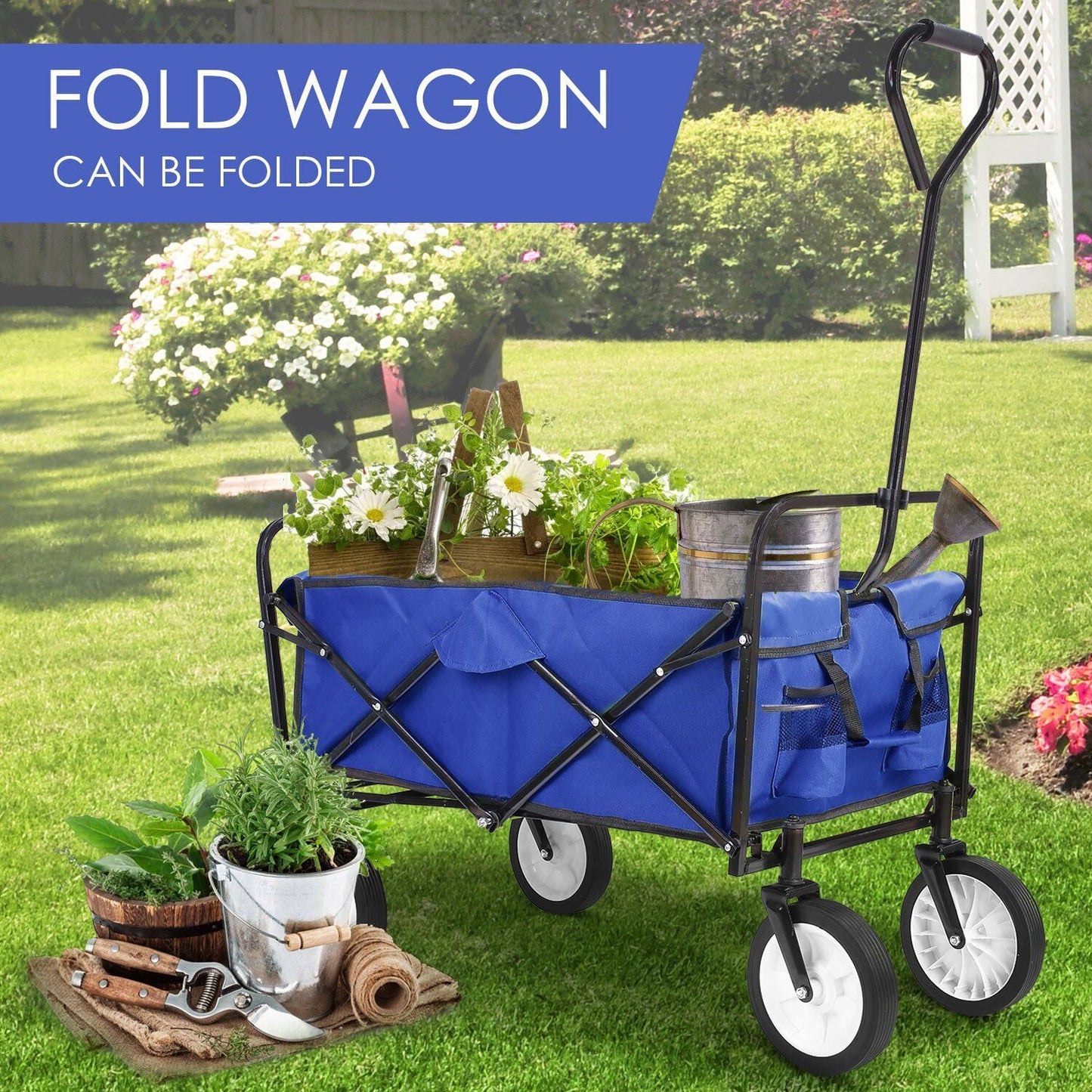 Arlopu Folding Wagon Cart, Heavy Duty Collapsible Garden Cart with Cup Holders, Portable Grocery Shopping Cart