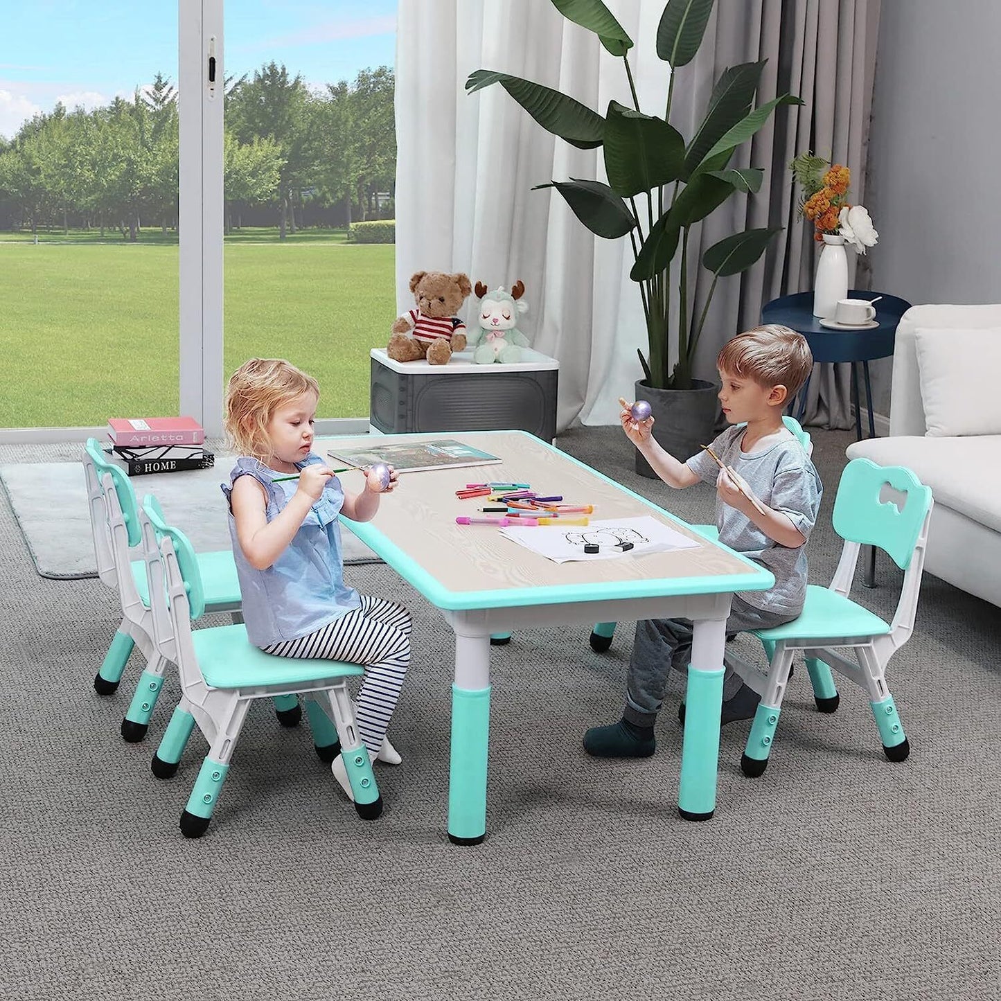 Arlopu Adjustable Kids Table and Chairs Set, 5 Pieces Toddler Play Arts & Crafts Desk Activity Table