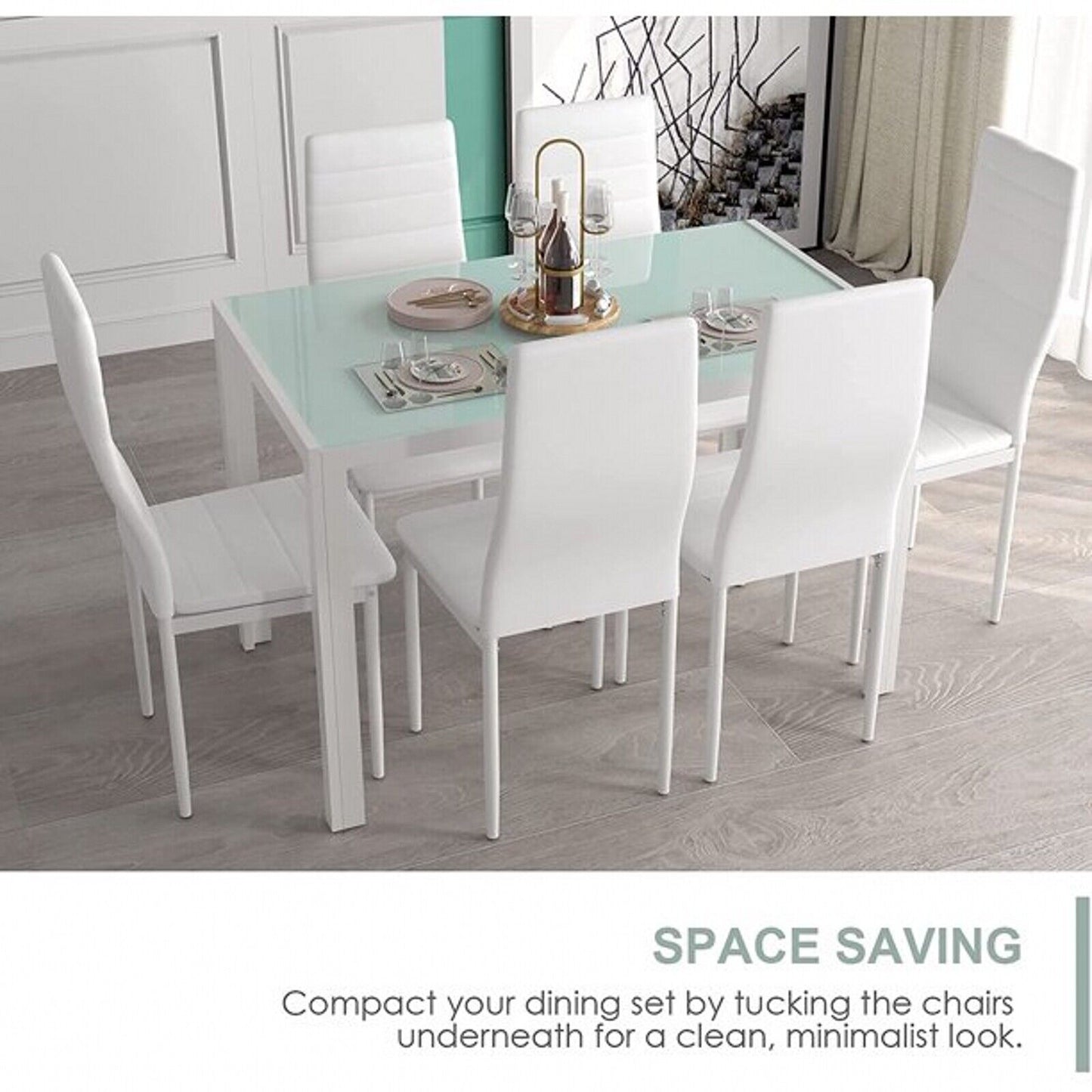 Arlopu 7 Piece Kitchen Dining Table Set for 6, Glass Dining Table and 6 PU Leather Chairs - White