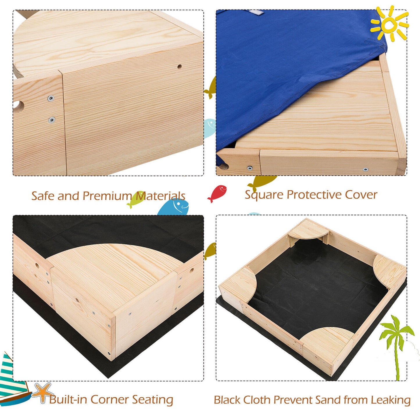 Arlopu Wooden Sandbox with Cover, Outdoor Kids Sandpit Box with 4 Built-in Corner Seats for Toddlers Age 2 to 8