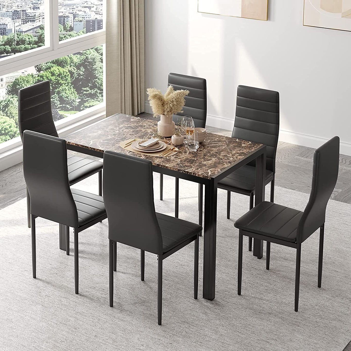 Arlopu 7-Piece Kitchen Dining Table Set for 6, Rectangle MDF Table and 6 PU Leather Chairs for Kitchen, Dining Room